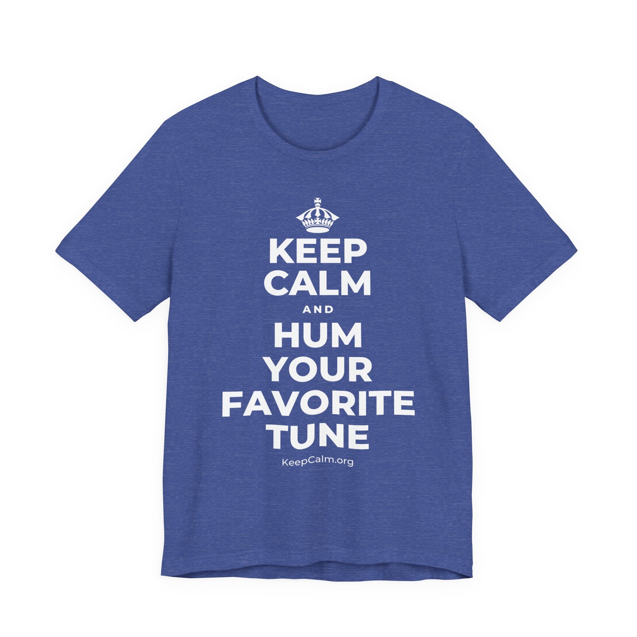 KEEP CALM AND HUM YOUR FAVORITE TUNE T-Shirt (Baby Blue–Silver)