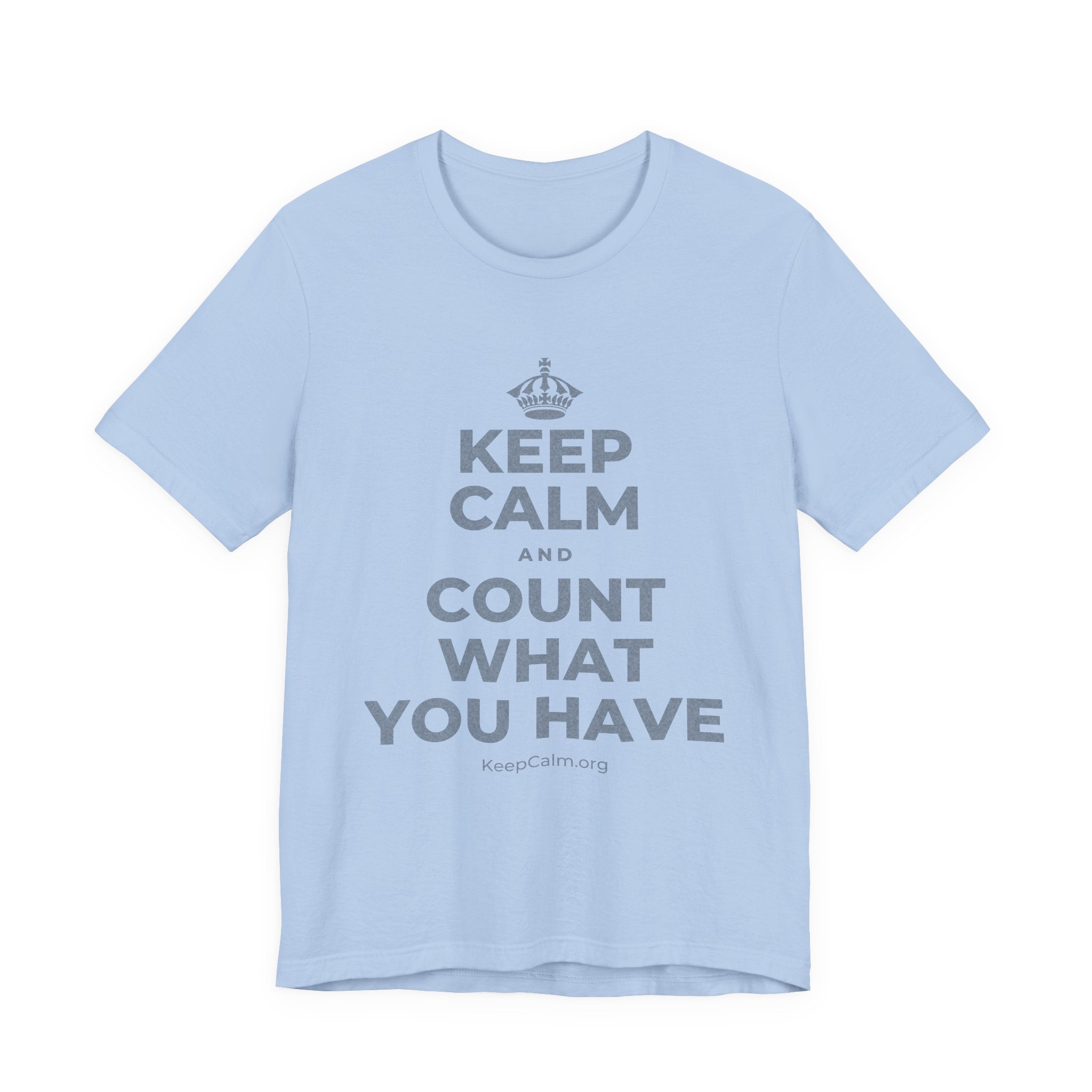 KEEP CALM AND COUNT WHAT YOU HAVE T-Shirt (Baby Blue–Silver)