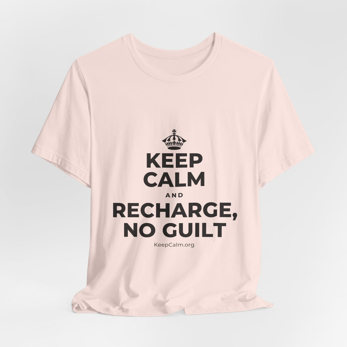 KEEP CALM AND RECHARGE, NO GUILT T-Shirt (Soft Cream–Heather Mauve)