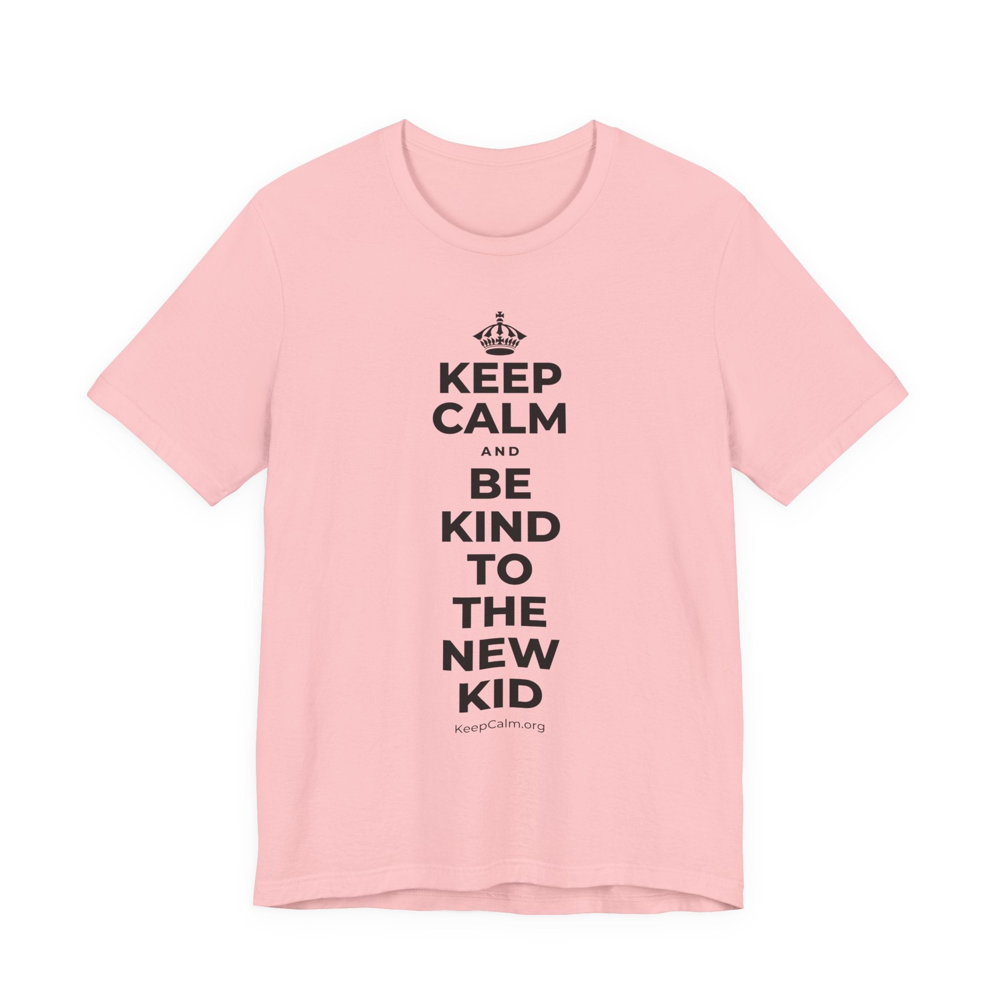 KEEP CALM AND BE KIND TO THE NEW KID T-Shirt (White–Asphalt)