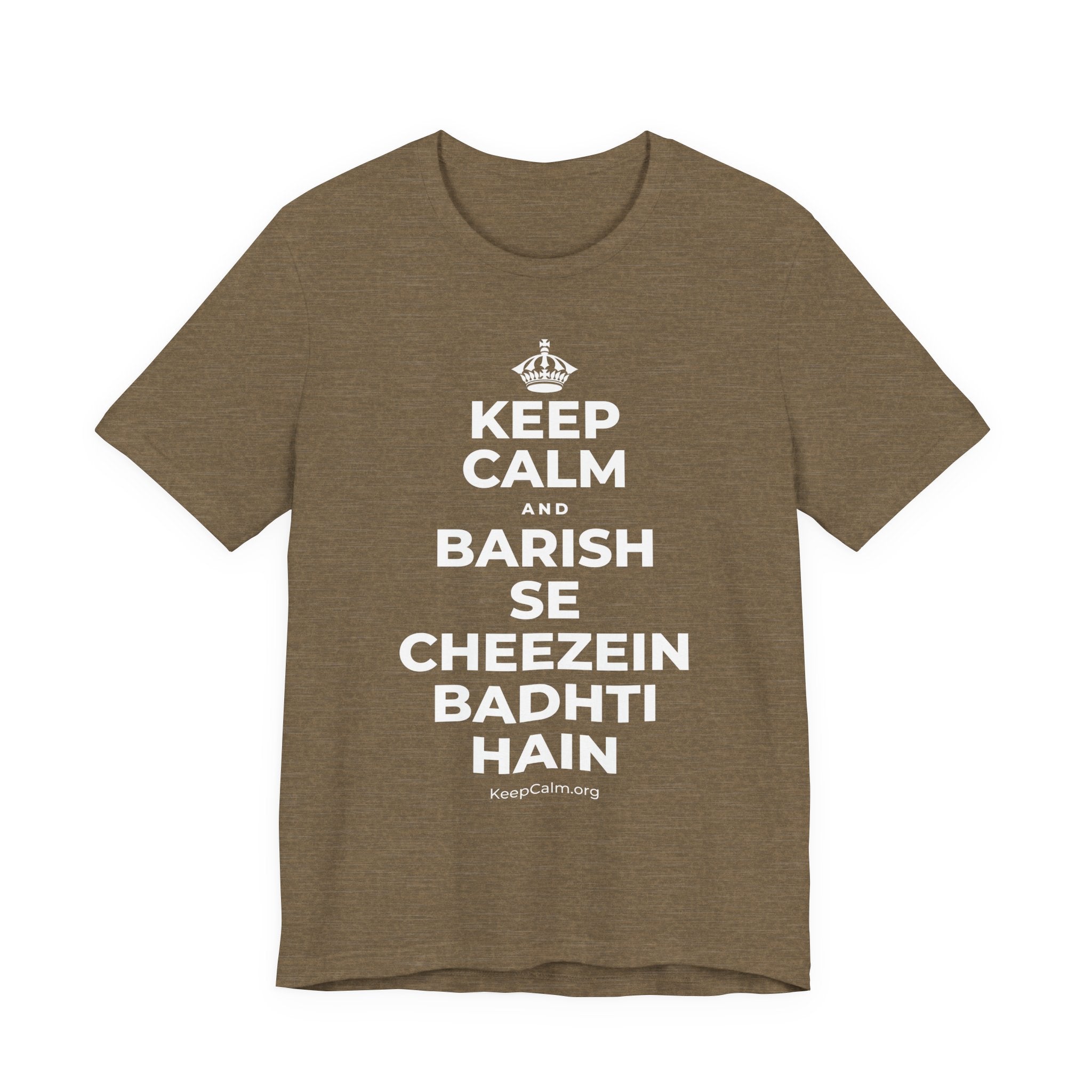 KEEP CALM AND BARISH SE CHEEZEIN BADHTI HAIN T-Shirt (Soft Cream–Heather Mauve)