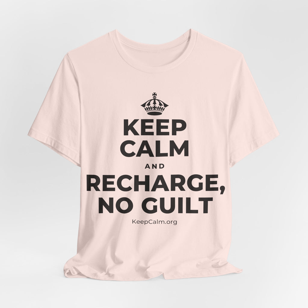 KEEP CALM AND RECHARGE, NO GUILT T-Shirt (Soft Cream–Heather Mauve)