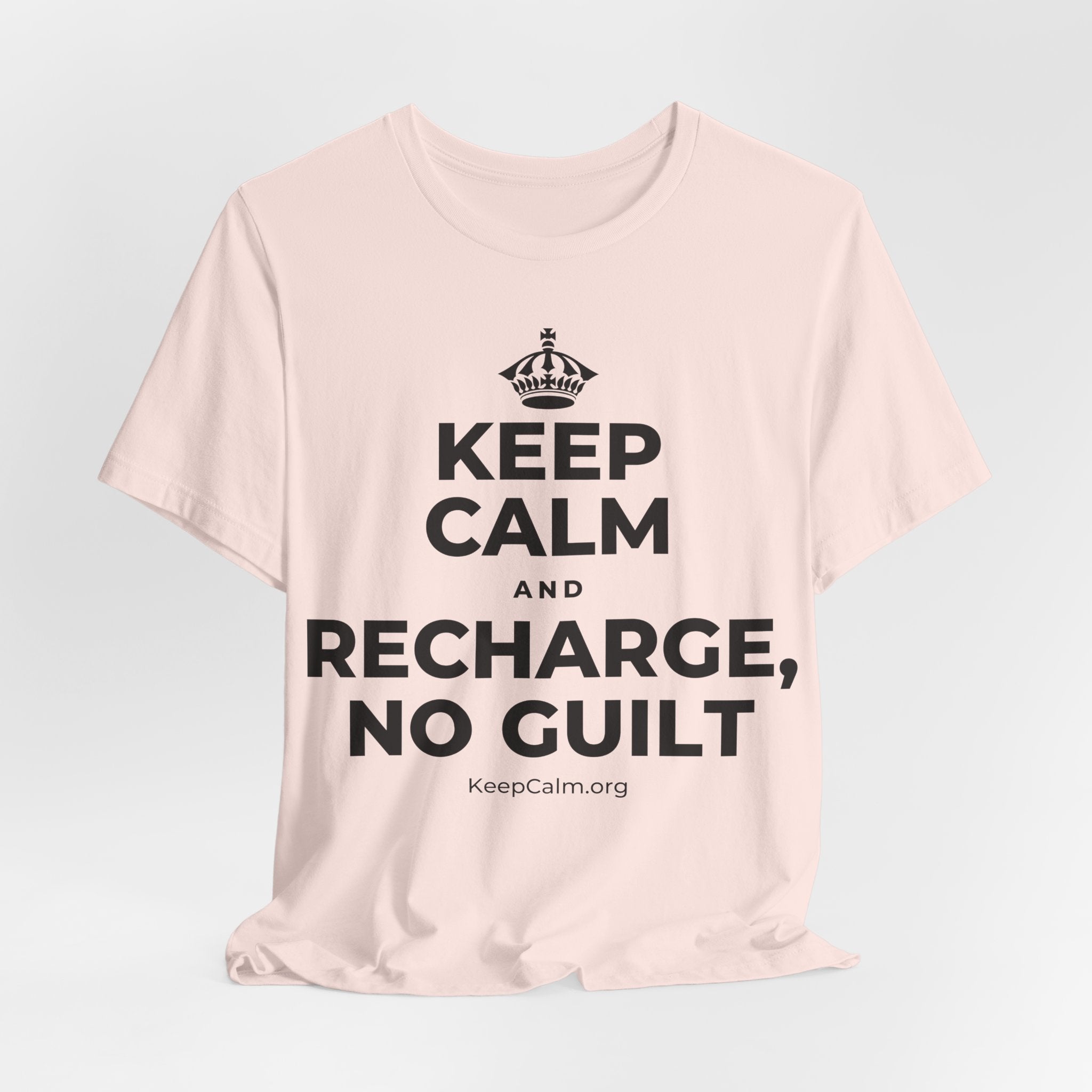 KEEP CALM AND RECHARGE, NO GUILT T-Shirt (Soft Cream–Heather Mauve)