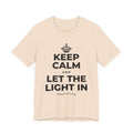 KEEP CALM AND LET THE LIGHT IN T-Shirt (Soft Cream–Heather Mauve)