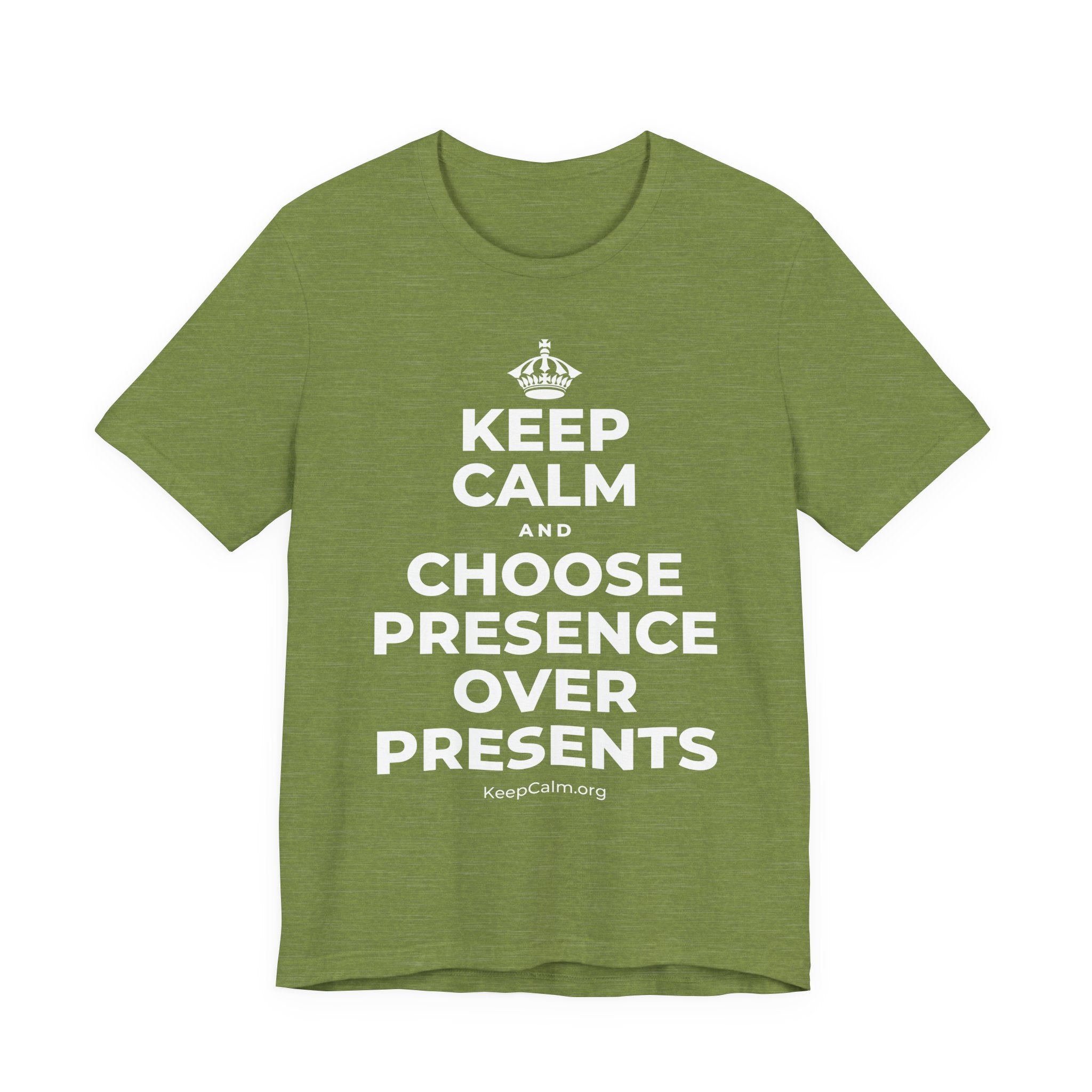 KEEP CALM AND CHOOSE PRESENCE OVER PRESENTS T-Shirt (Baby Blue–Silver)