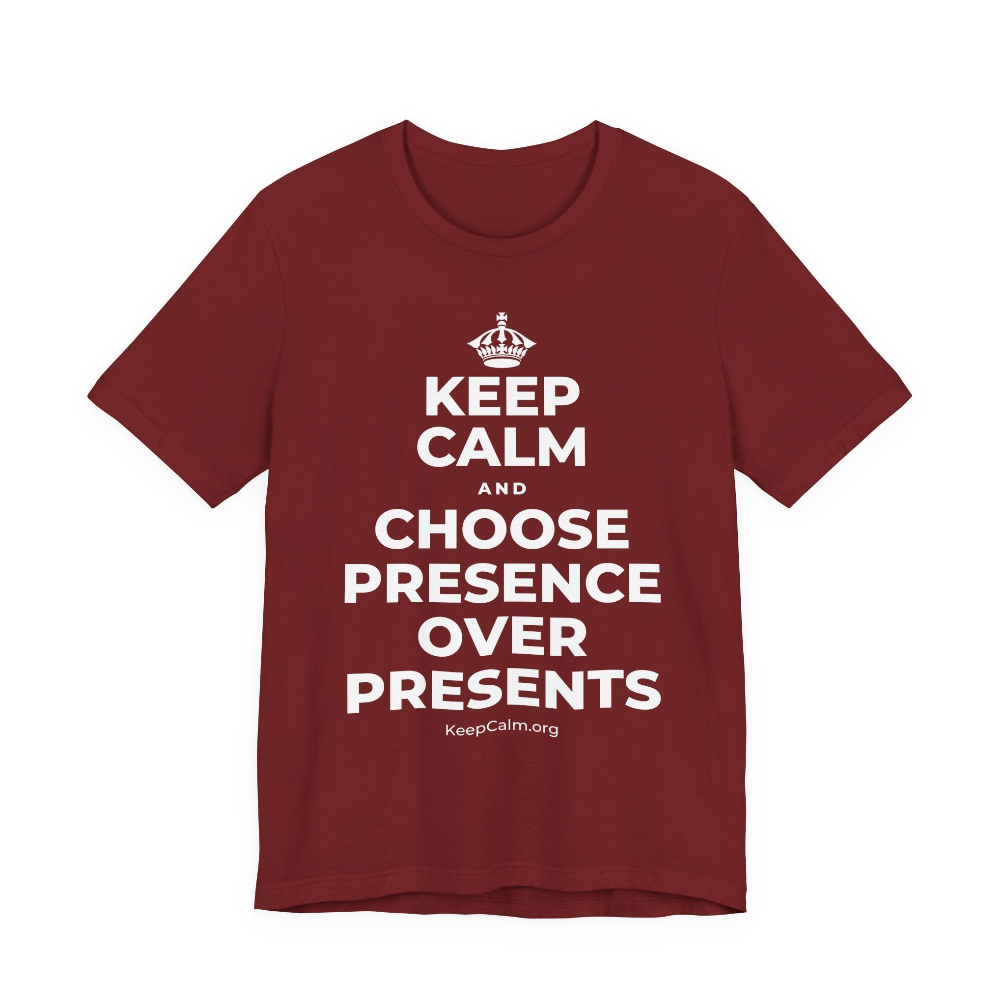 KEEP CALM AND CHOOSE PRESENCE OVER PRESENTS T-Shirt (Baby Blue–Silver)