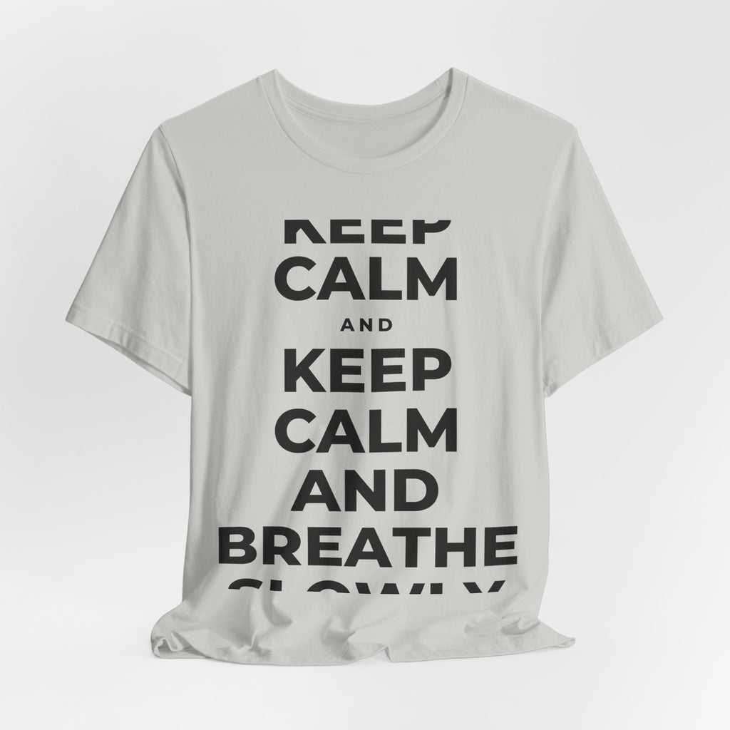 KEEP CALM AND BREATHE SLOWLY T-Shirt (Baby Blue–Silver)