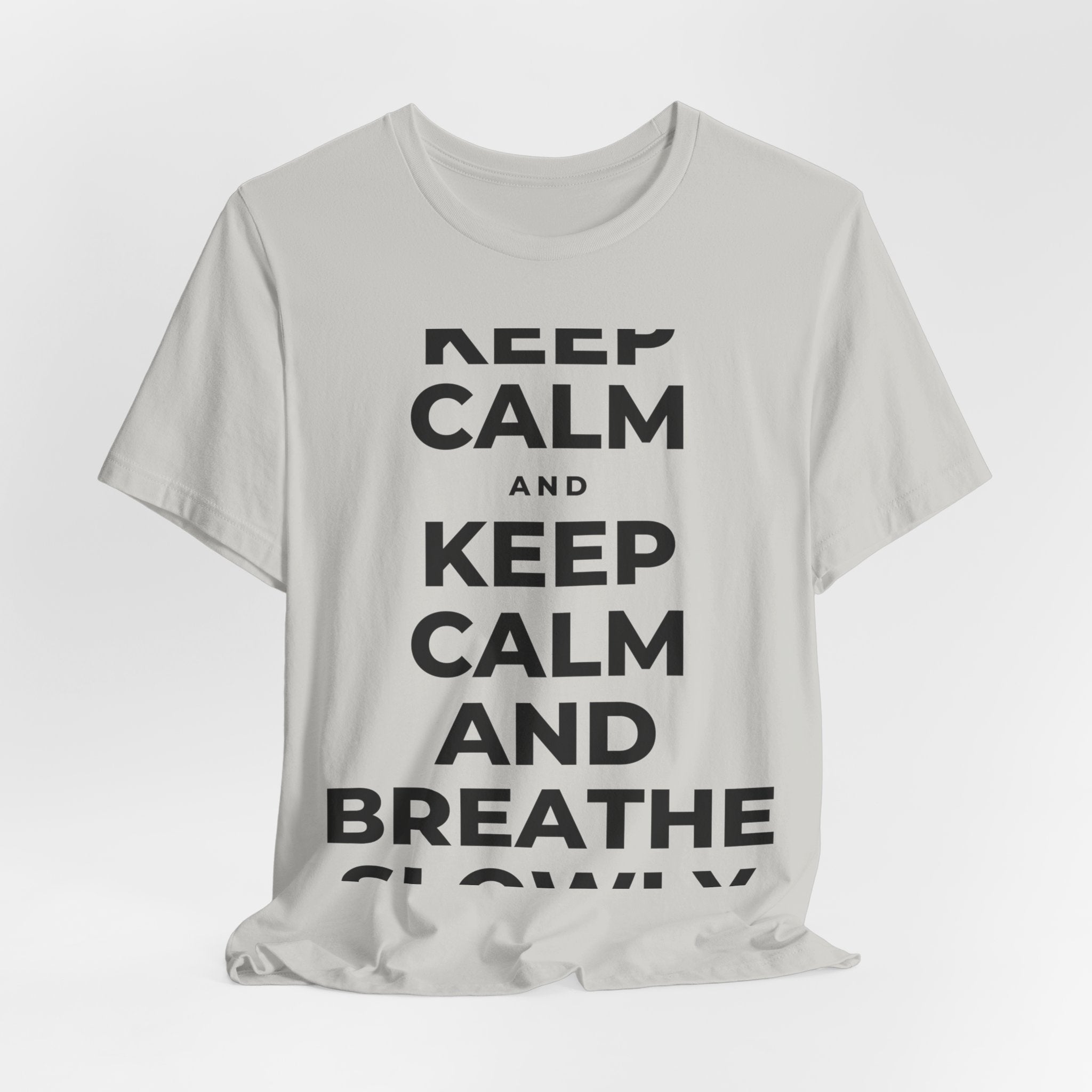 KEEP CALM AND BREATHE SLOWLY T-Shirt (Baby Blue–Silver)
