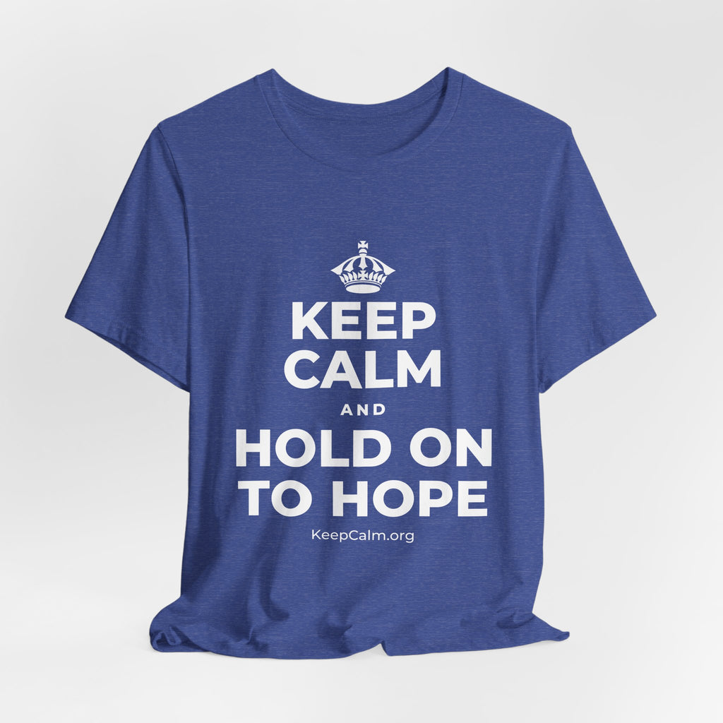 KEEP CALM AND HOLD ON TO HOPE T-Shirt (Baby Blue–Silver)