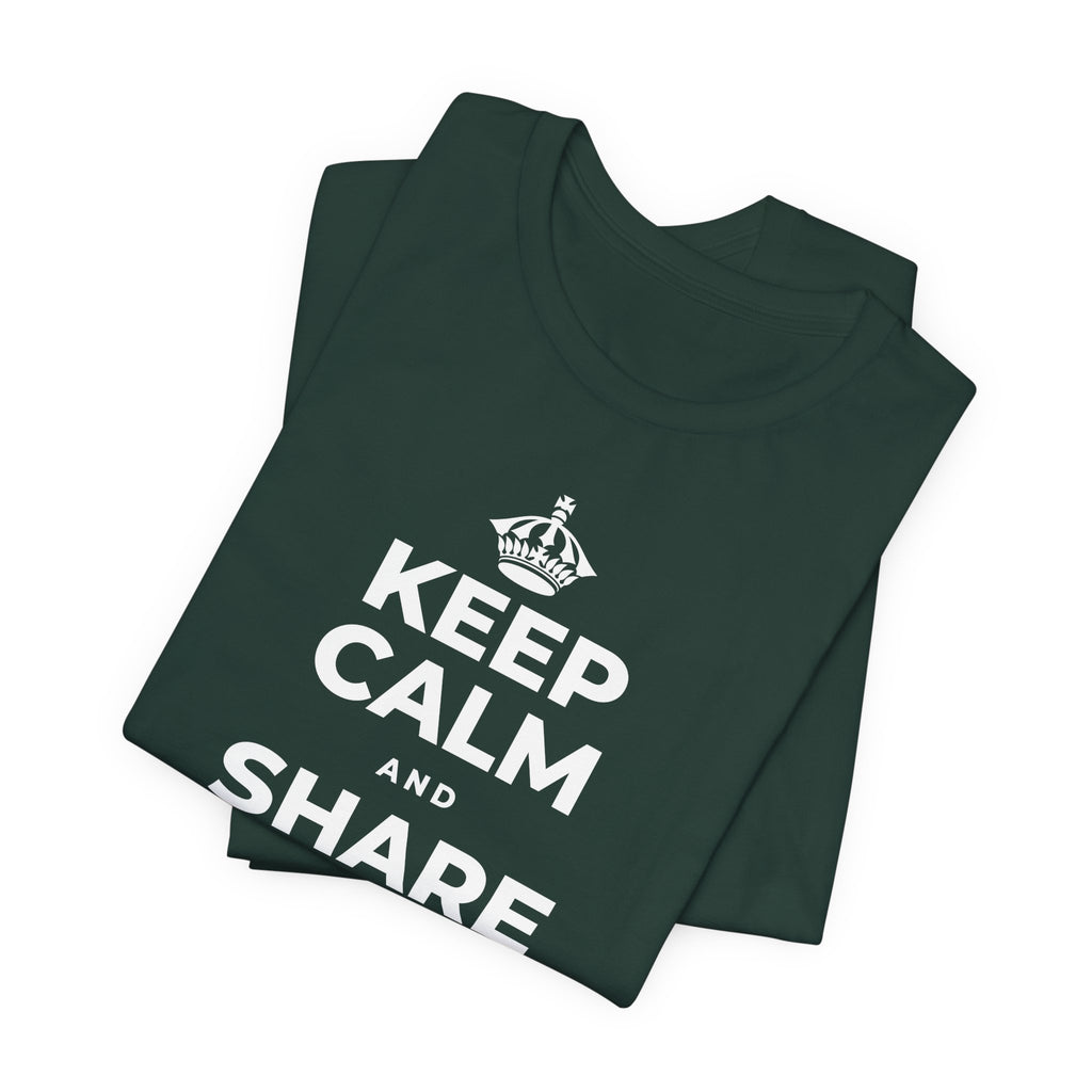KEEP CALM AND SHARE THE GOOD NEWS T-Shirt (White–Asphalt)