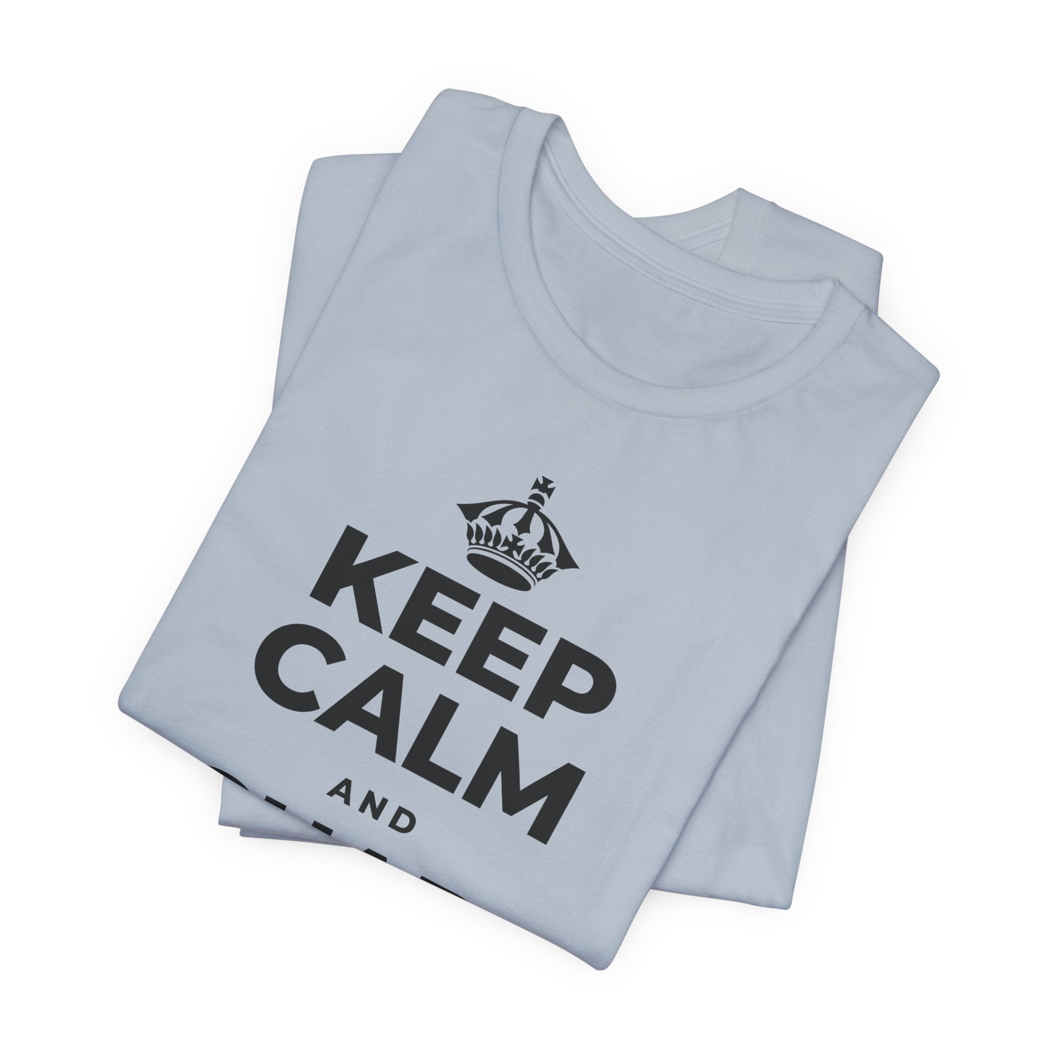 KEEP CALM AND RECHARGE, NO GUILT T-Shirt (White–Asphalt)