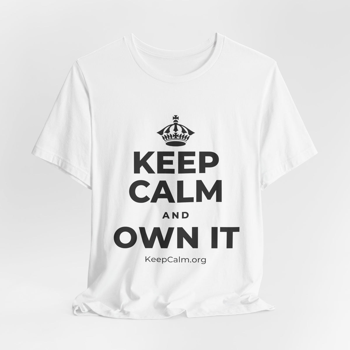 KEEP CALM AND OWN IT T-Shirt (White–Asphalt)