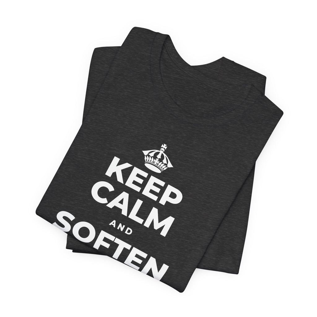 KEEP CALM AND SOFTEN INTO THE PILLOW T-Shirt (White–Asphalt)