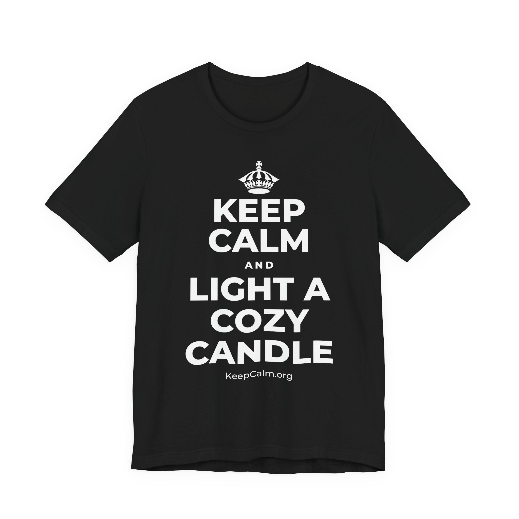 KEEP CALM AND LIGHT A COZY CANDLE T-Shirt (White–Asphalt)
