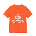 KEEP CALM AND RECHARGE, NO GUILT T-Shirt (Baby Blue–Silver)