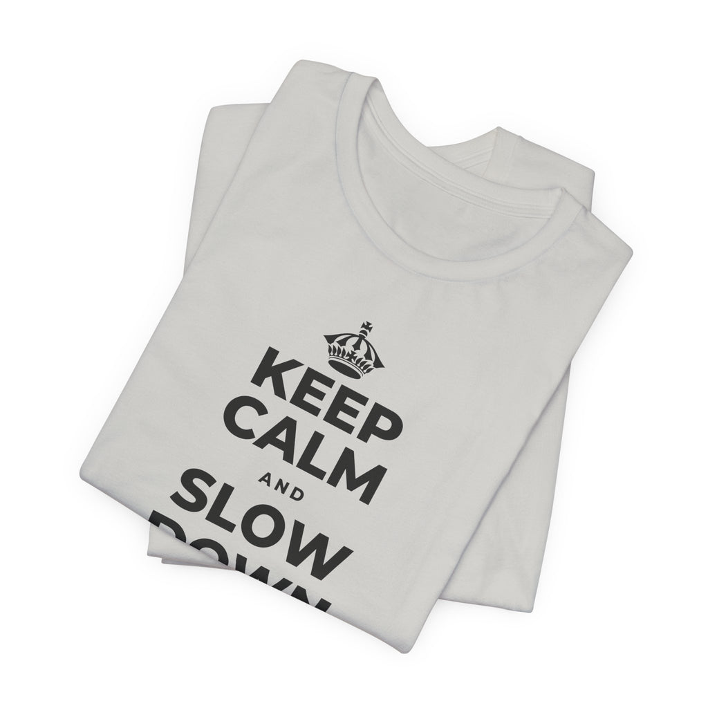KEEP CALM AND SLOW DOWN WITH THE SEASON T-Shirt (Baby Blue–Silver)
