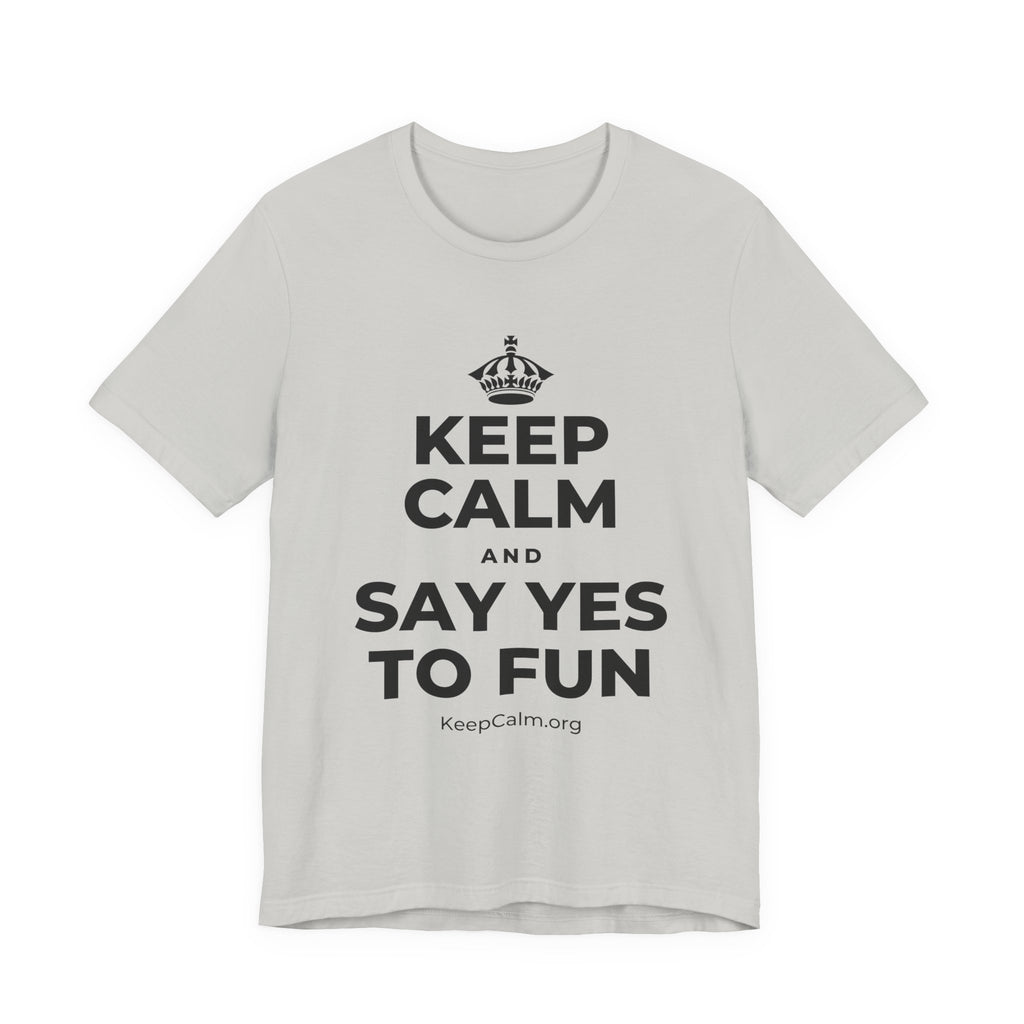KEEP CALM AND SAY YES TO FUN T-Shirt (Baby Blue–Silver)