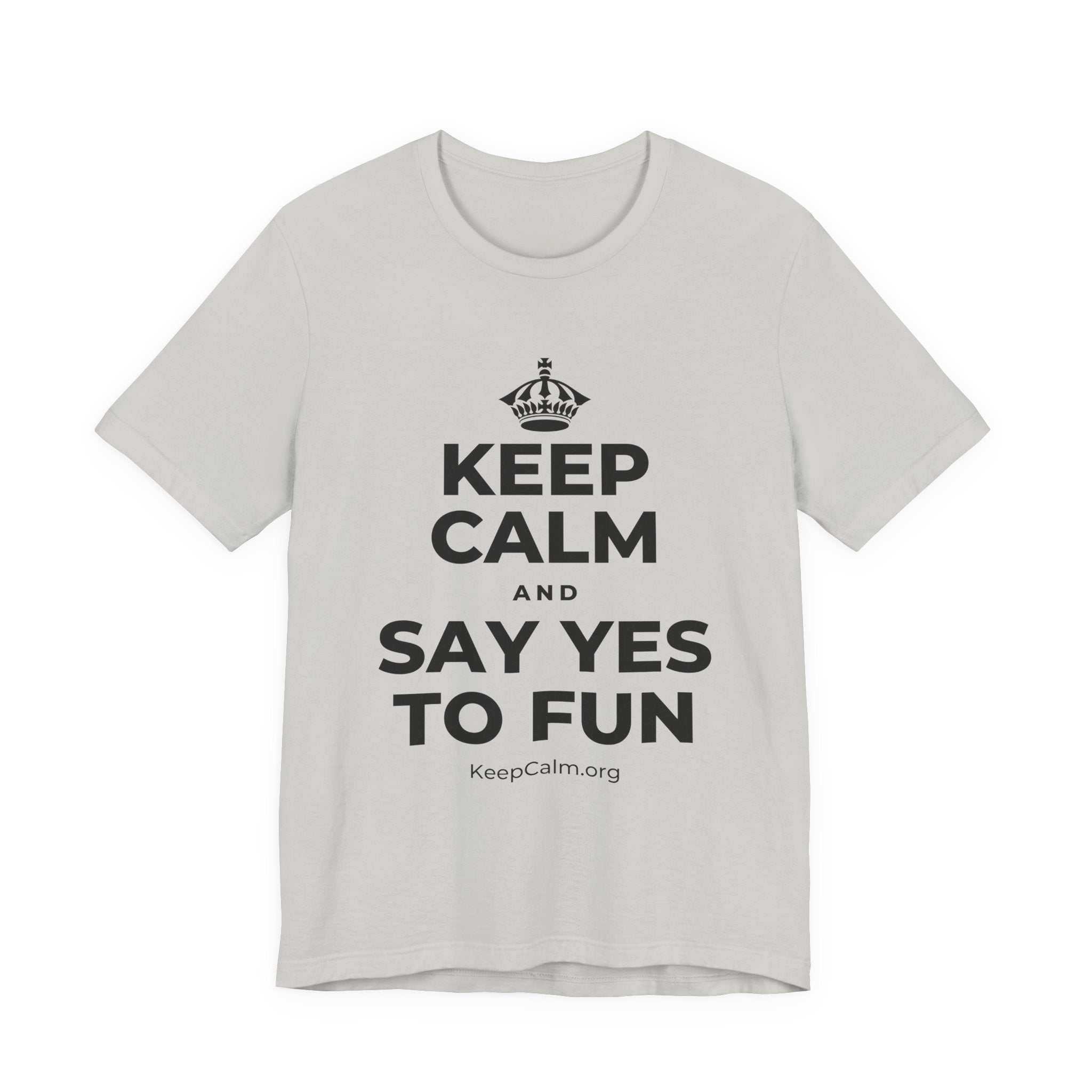 KEEP CALM AND SAY YES TO FUN T-Shirt (Baby Blue–Silver)