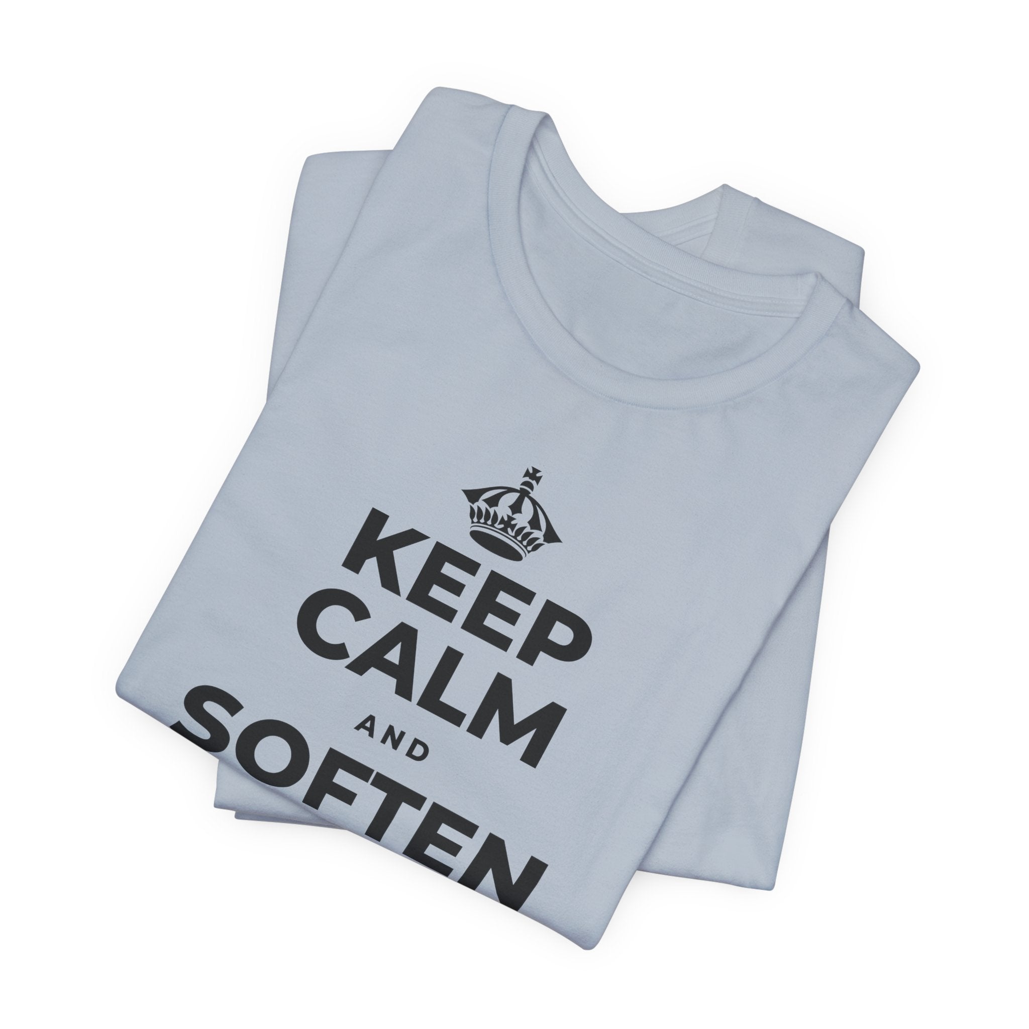 KEEP CALM AND SOFTEN INTO THE PILLOW T-Shirt (White–Asphalt)