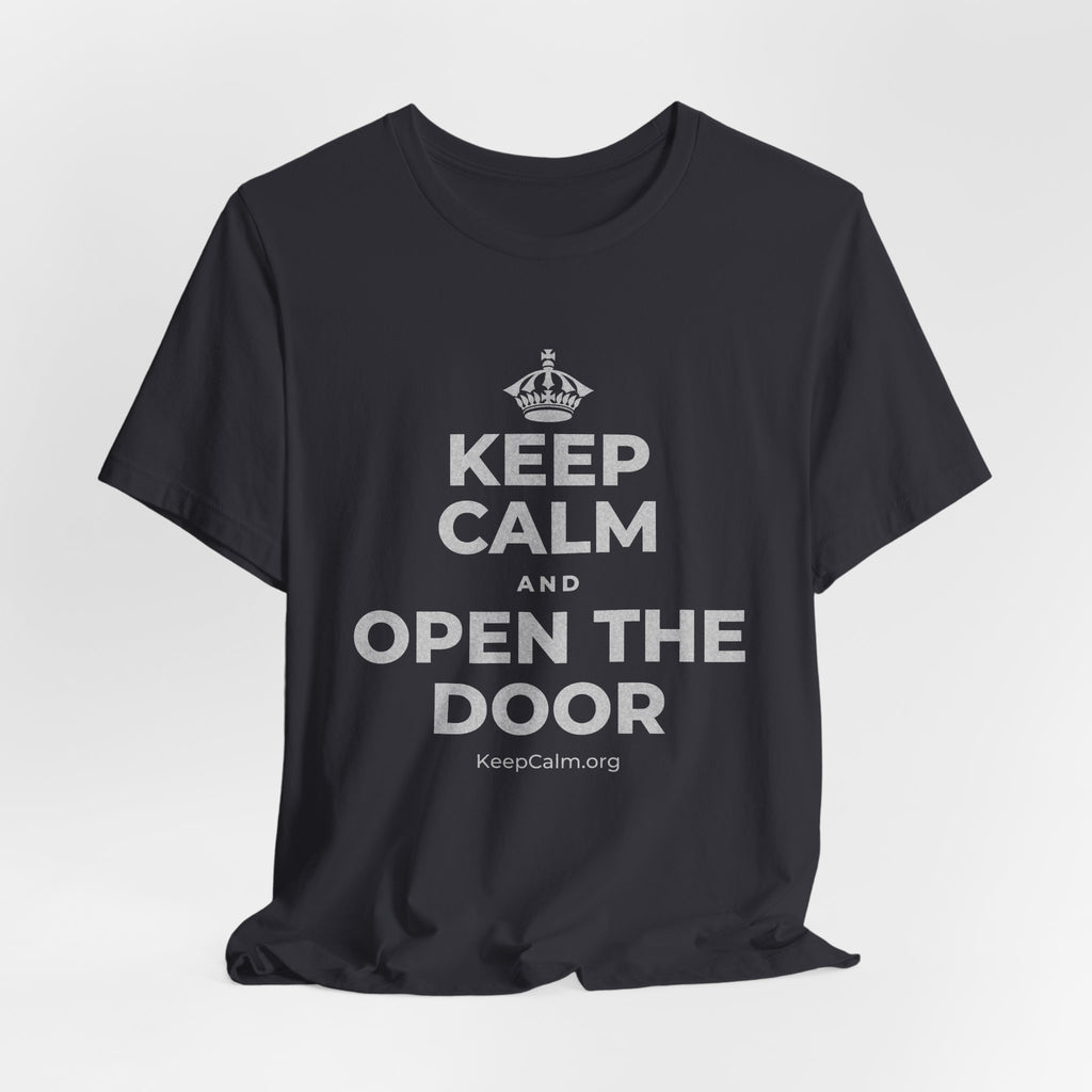 KEEP CALM AND OPEN THE DOOR T-Shirt (Baby Blue–Silver)