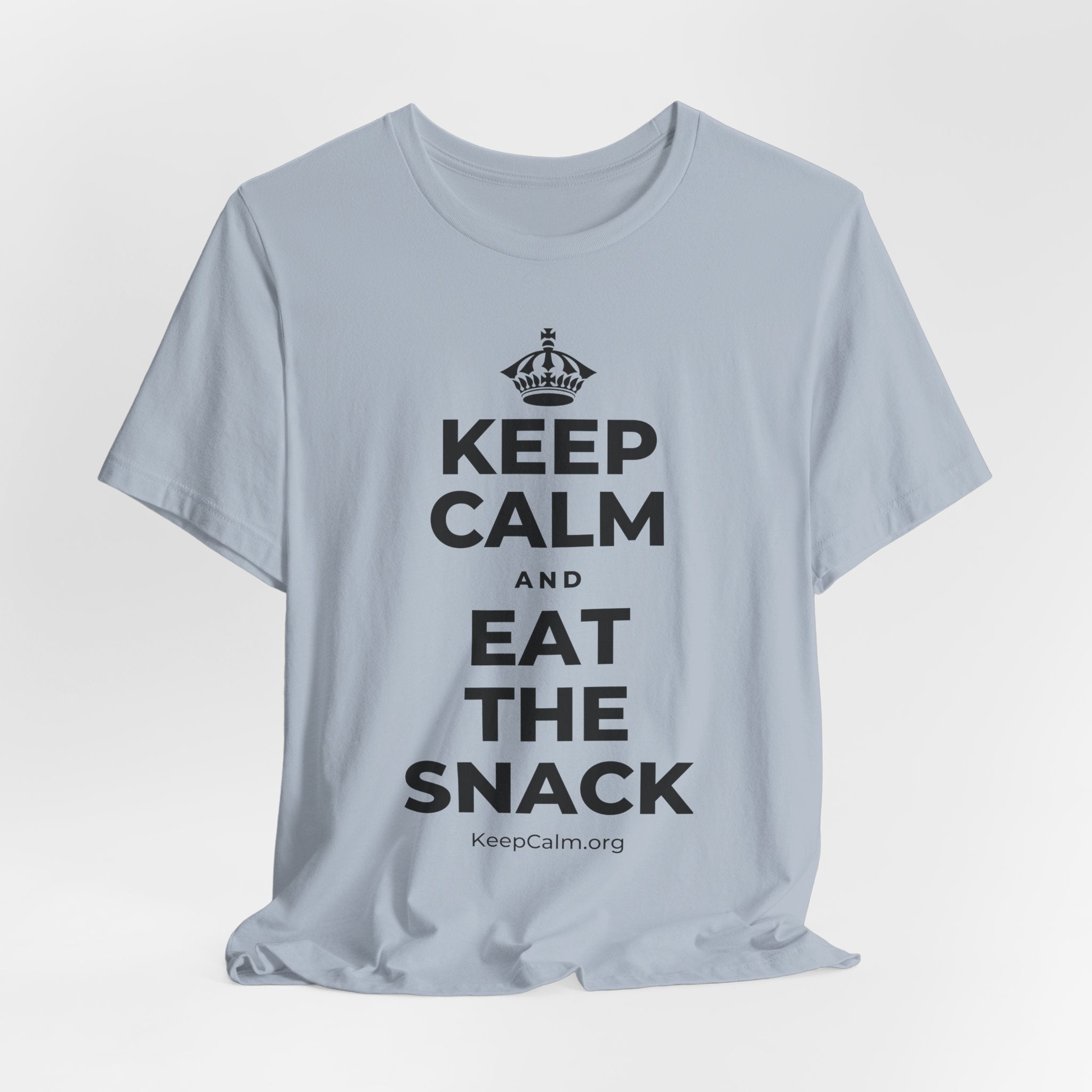 KEEP CALM AND EAT THE SNACK T-Shirt (White–Asphalt)