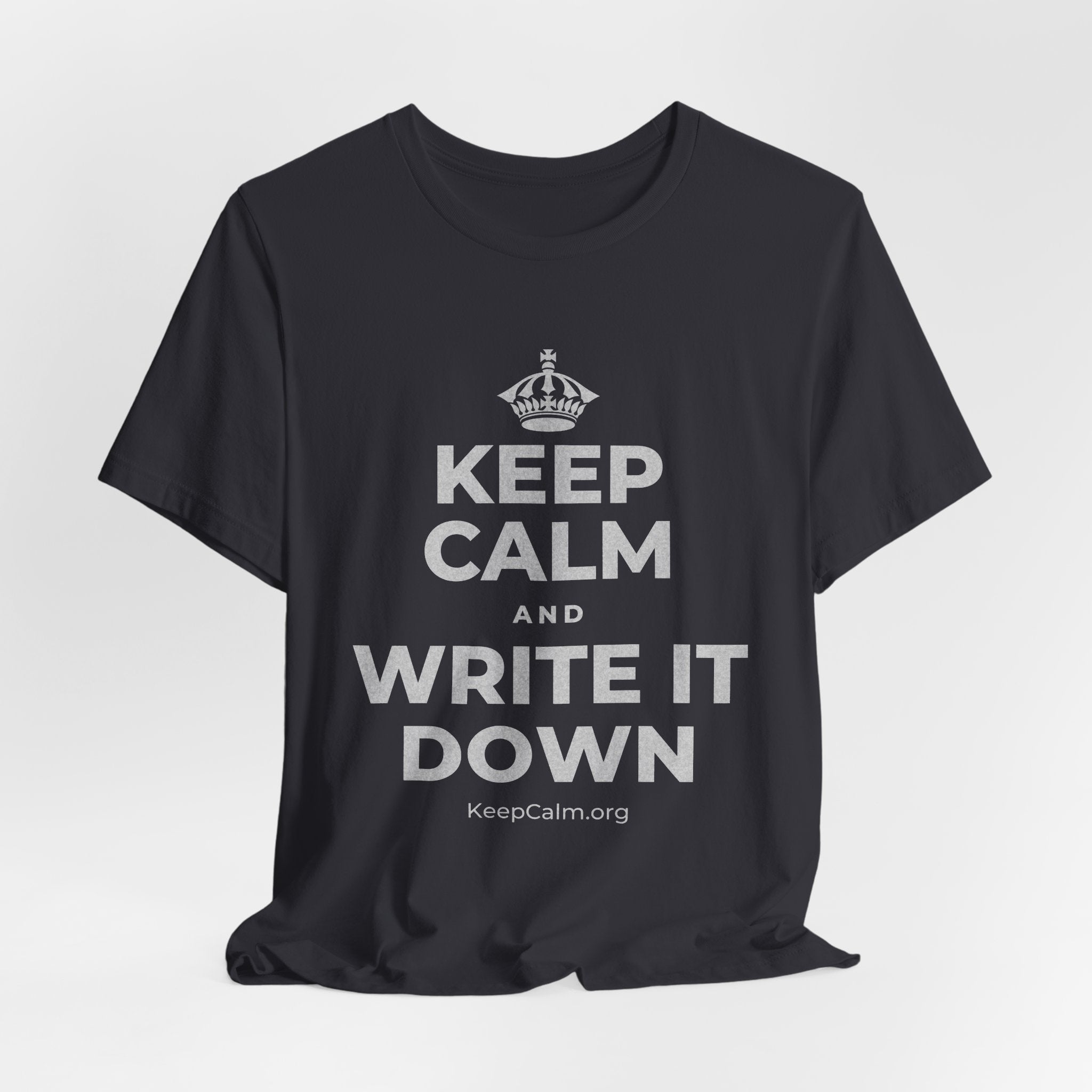 KEEP CALM AND WRITE IT DOWN T-Shirt (Baby Blue–Silver)