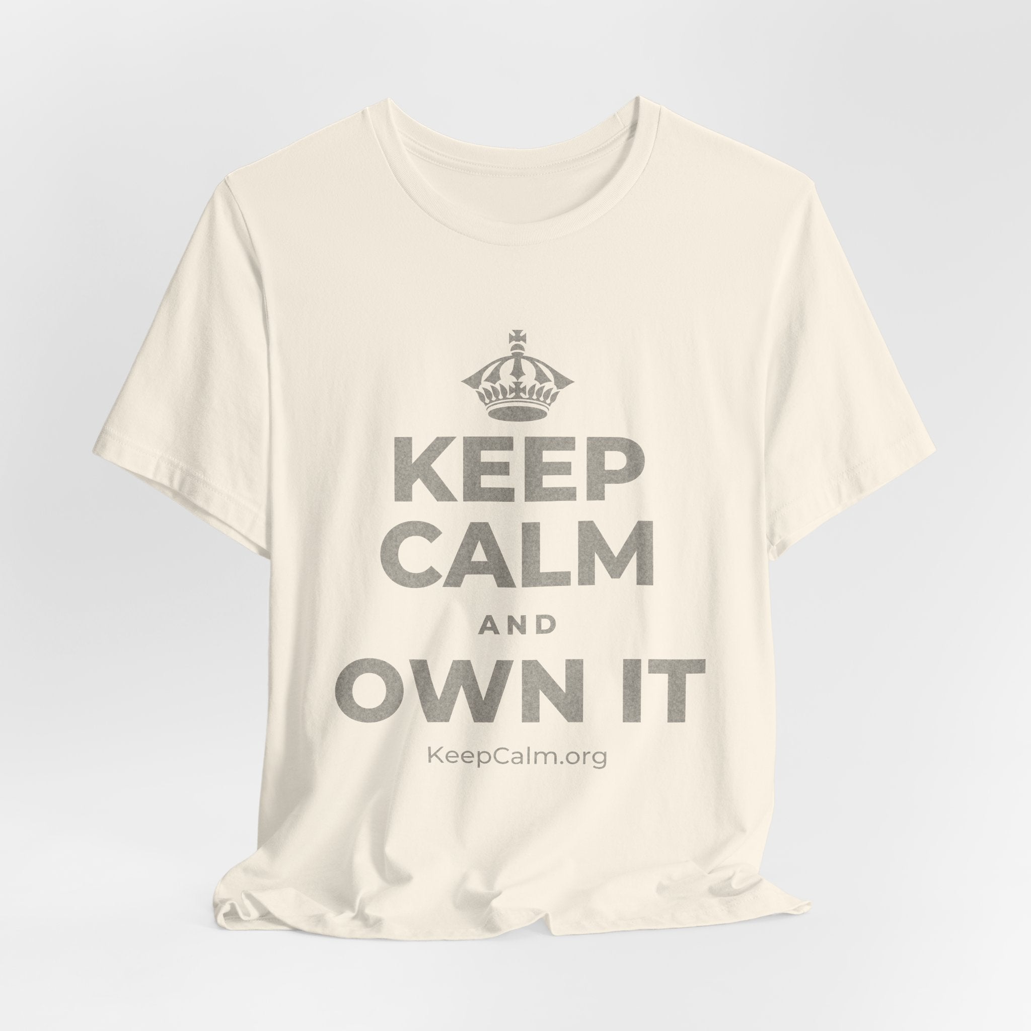 KEEP CALM AND OWN IT T-Shirt (White–Asphalt)