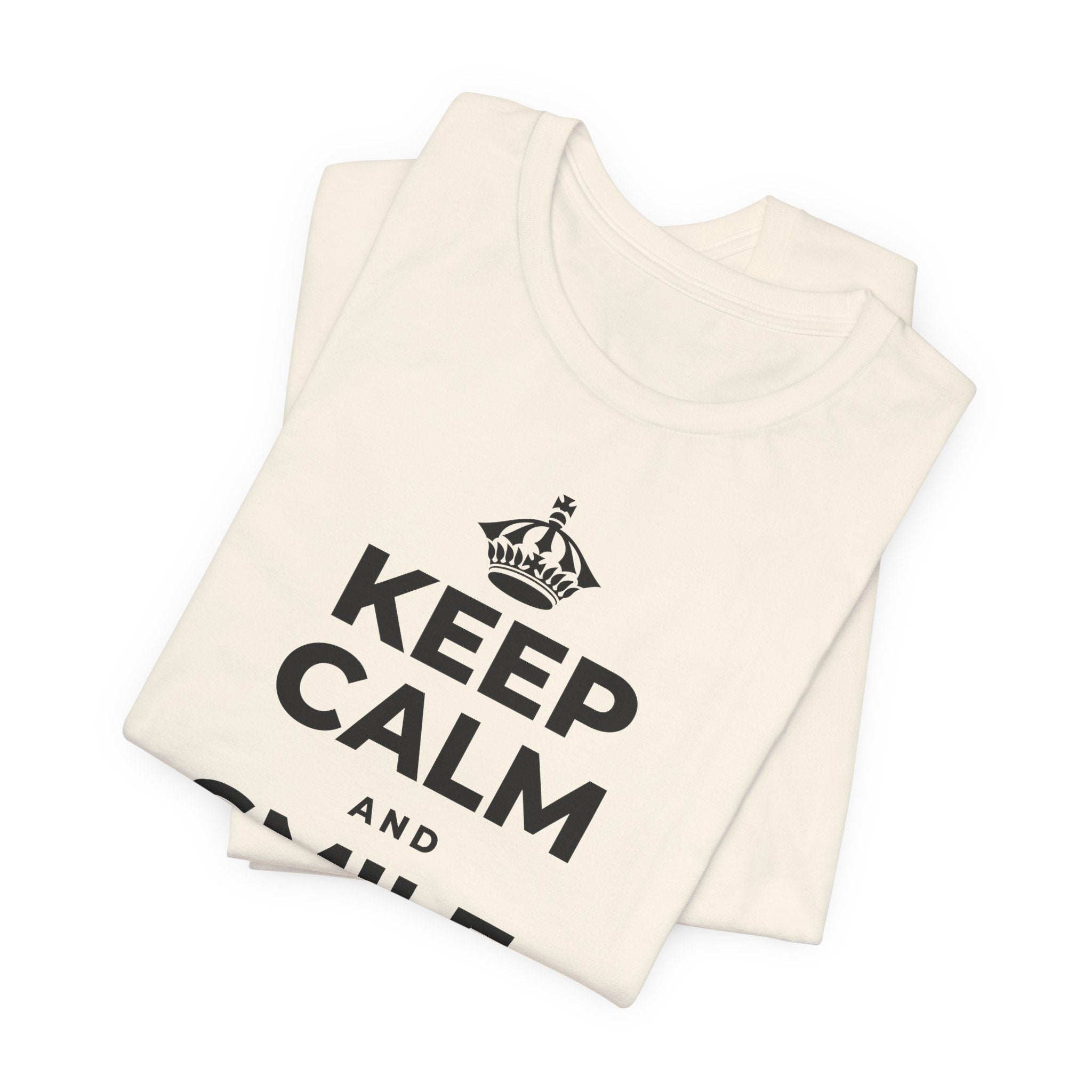 KEEP CALM AND SMILE, IT HELPS T-Shirt (White–Asphalt)