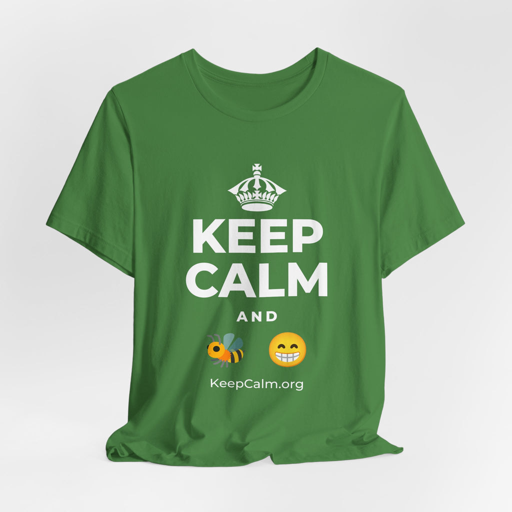 KEEP CALM AND BEE HAPPY T-Shirt (Baby Blue–Silver)