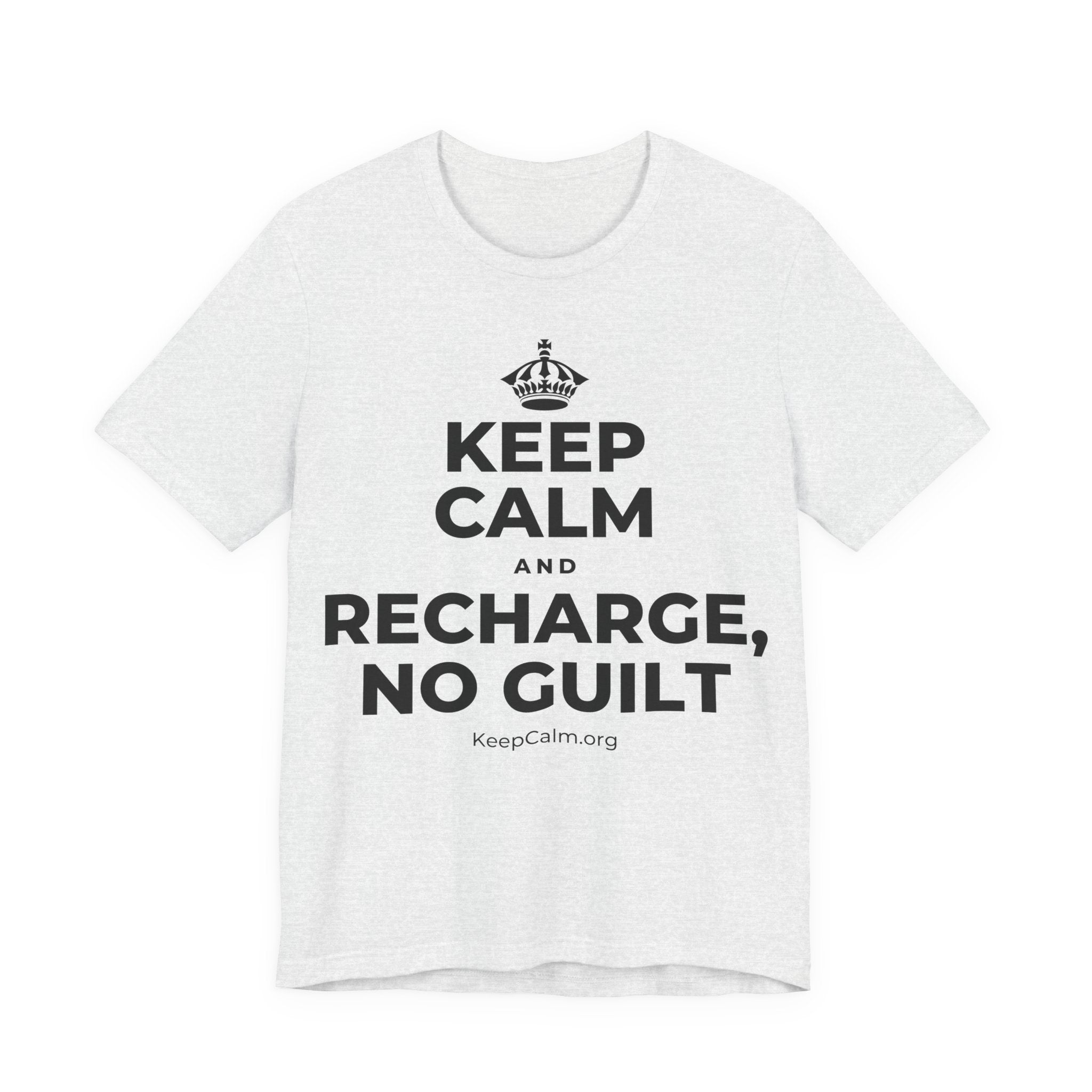KEEP CALM AND RECHARGE, NO GUILT T-Shirt (Soft Cream–Heather Mauve)
