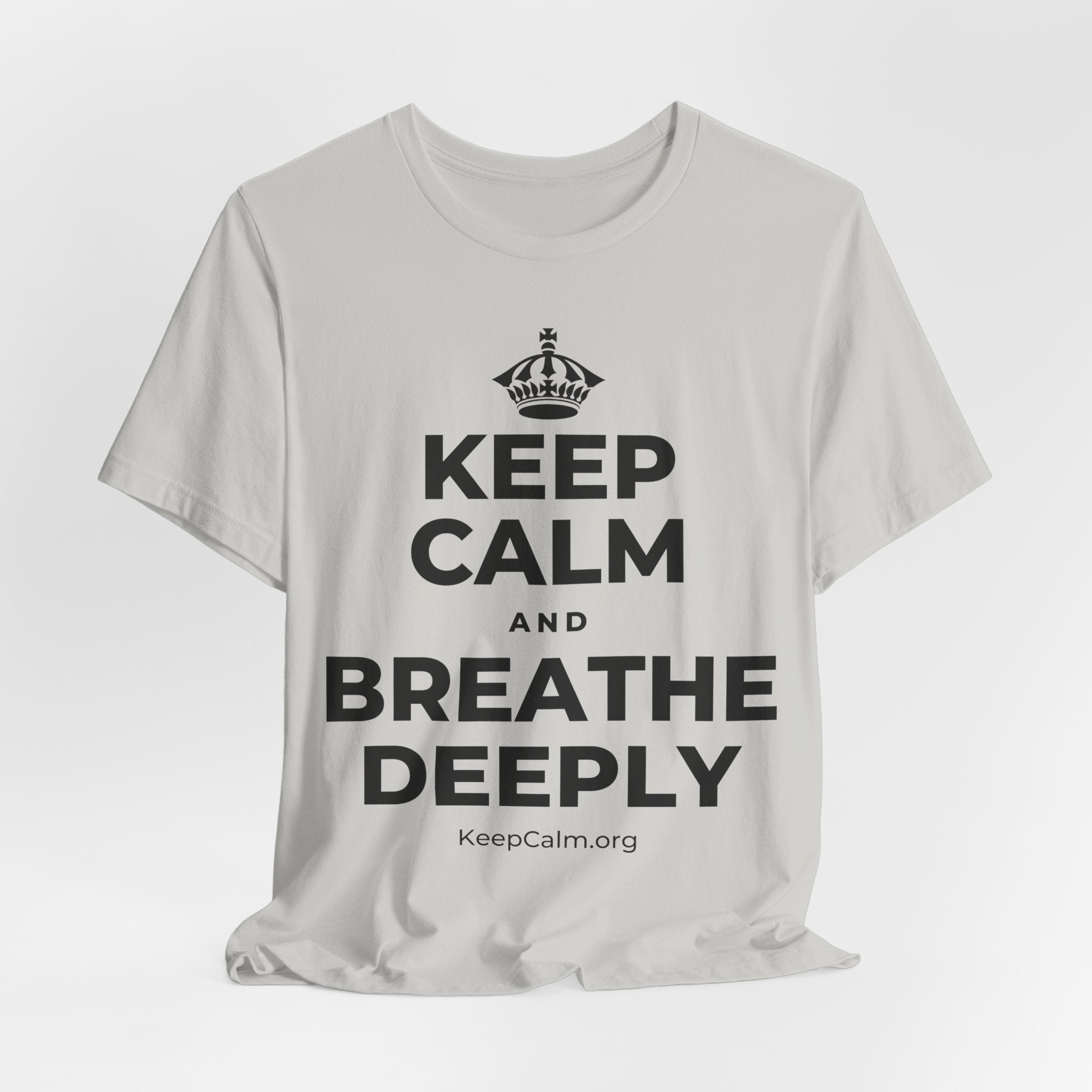 KEEP CALM AND BREATHE DEEPLY T-Shirt (Baby Blue–Silver)