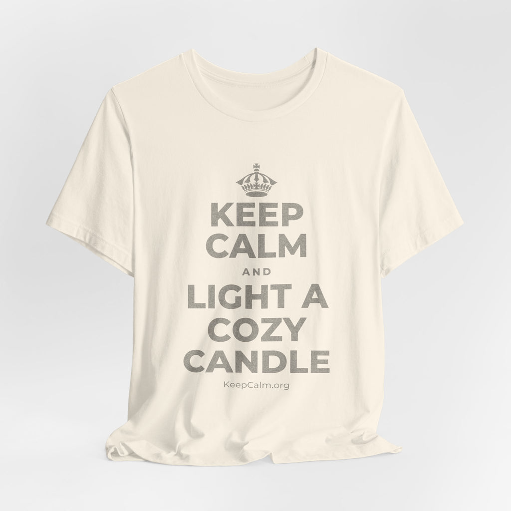 KEEP CALM AND LIGHT A COZY CANDLE T-Shirt (White–Asphalt)