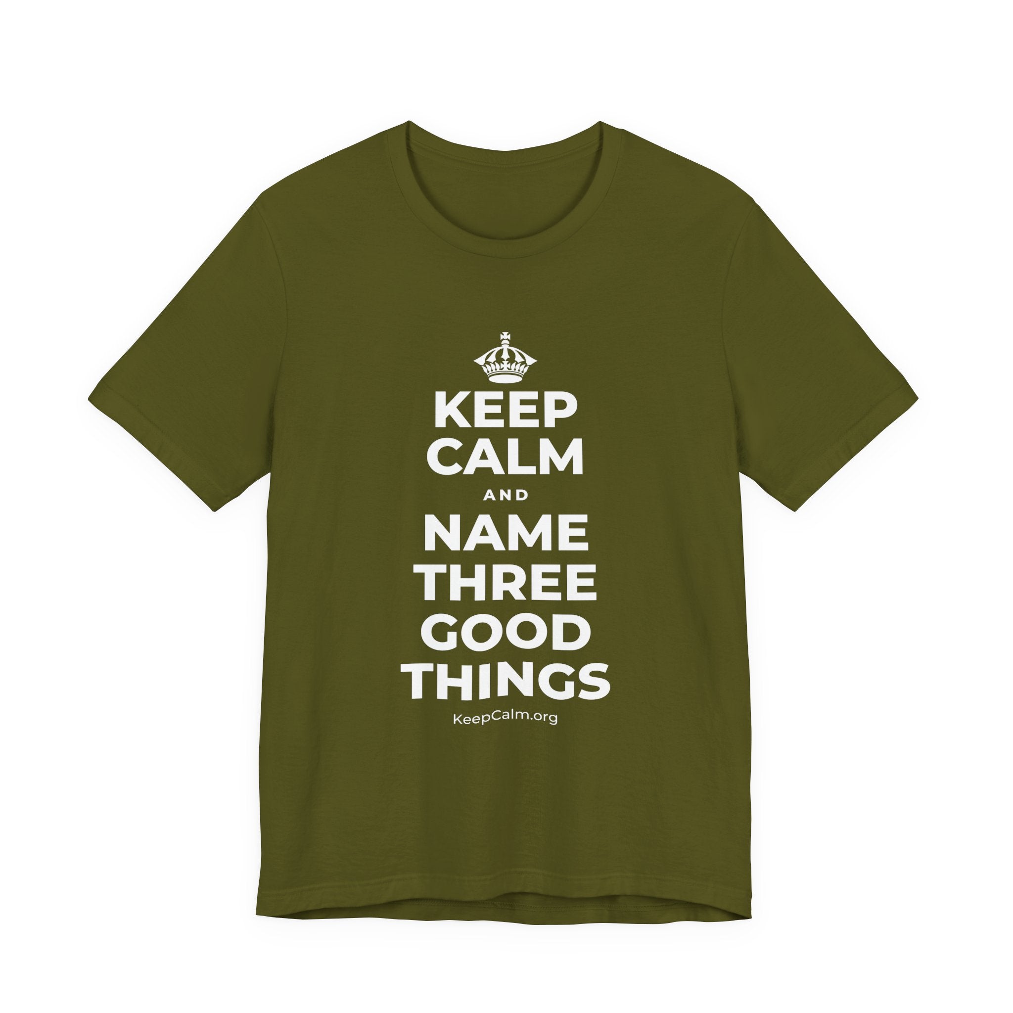 KEEP CALM AND NAME THREE GOOD THINGS T-Shirt (Baby Blue–Silver)