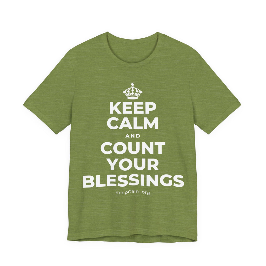 KEEP CALM AND COUNT YOUR BLESSINGS T-Shirt (Baby Blue–Silver)