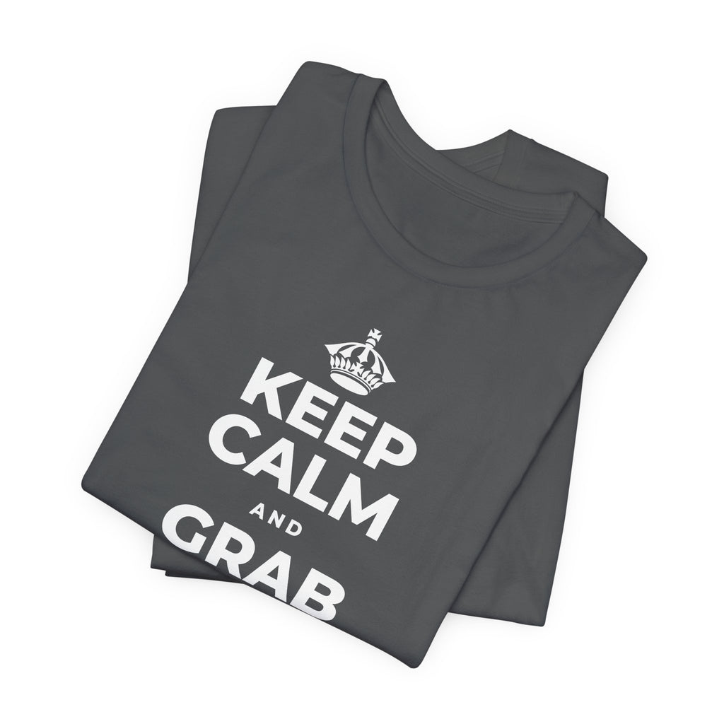 KEEP CALM AND GRAB A WARM DRINK T-Shirt (White–Asphalt)