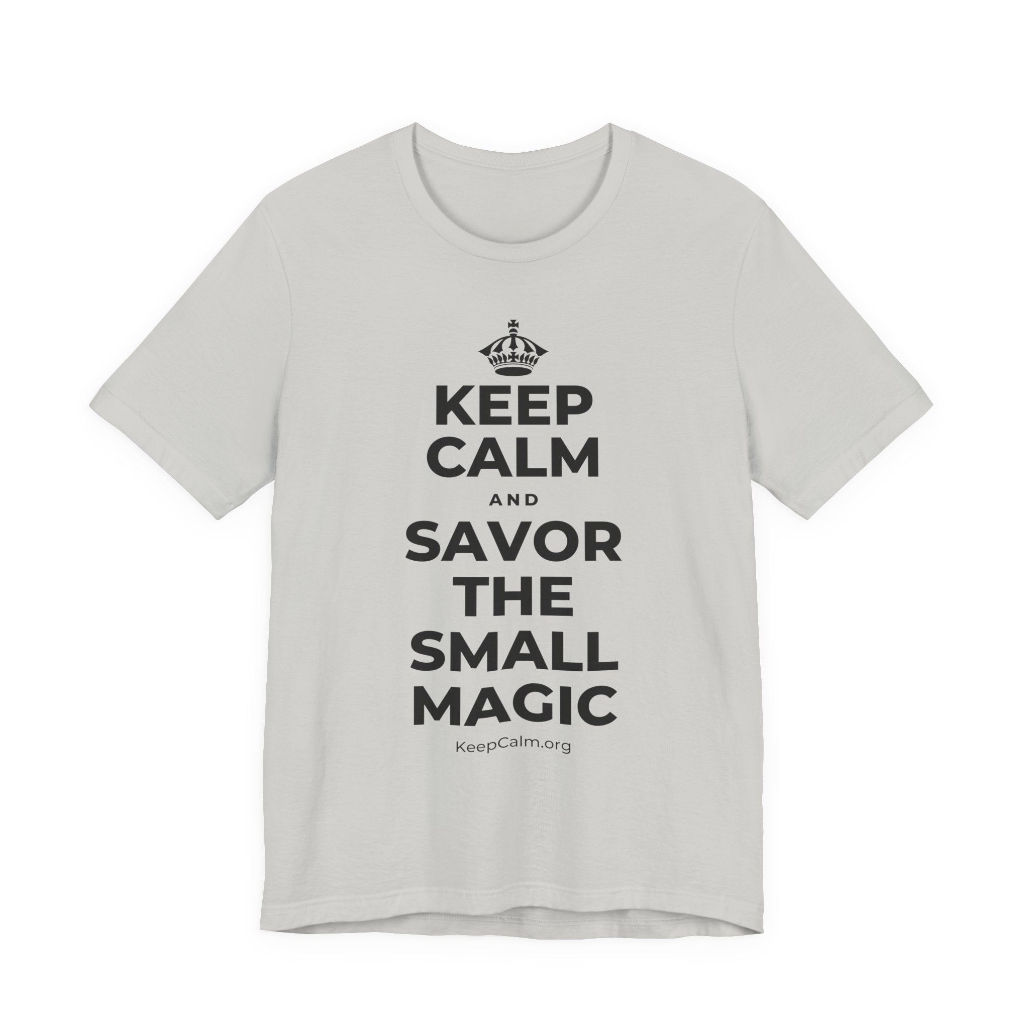 KEEP CALM AND SAVOR THE SMALL MAGIC T-Shirt (Baby Blue–Silver)