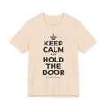 KEEP CALM AND HOLD THE DOOR T-Shirt (Soft Cream–Heather Mauve)