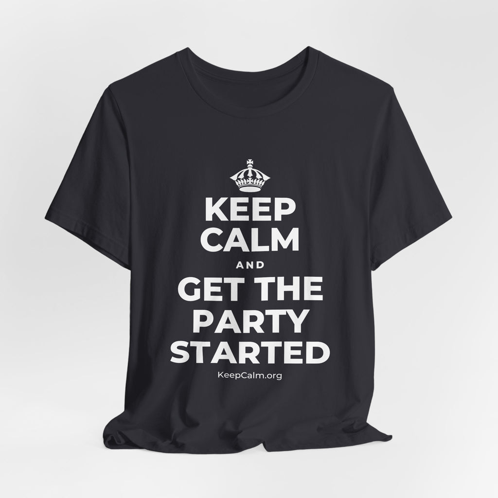 KEEP CALM AND GET THE PARTY STARTED T-Shirt (Baby Blue–Silver)