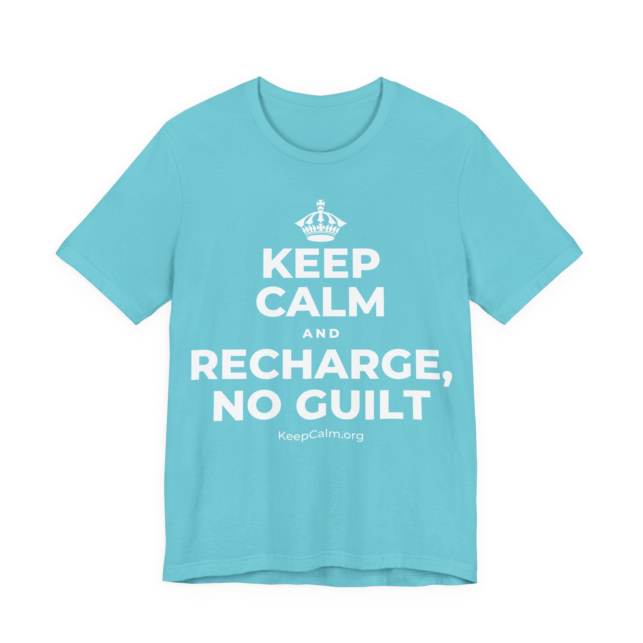 KEEP CALM AND RECHARGE, NO GUILT T-Shirt (Soft Cream–Heather Mauve)