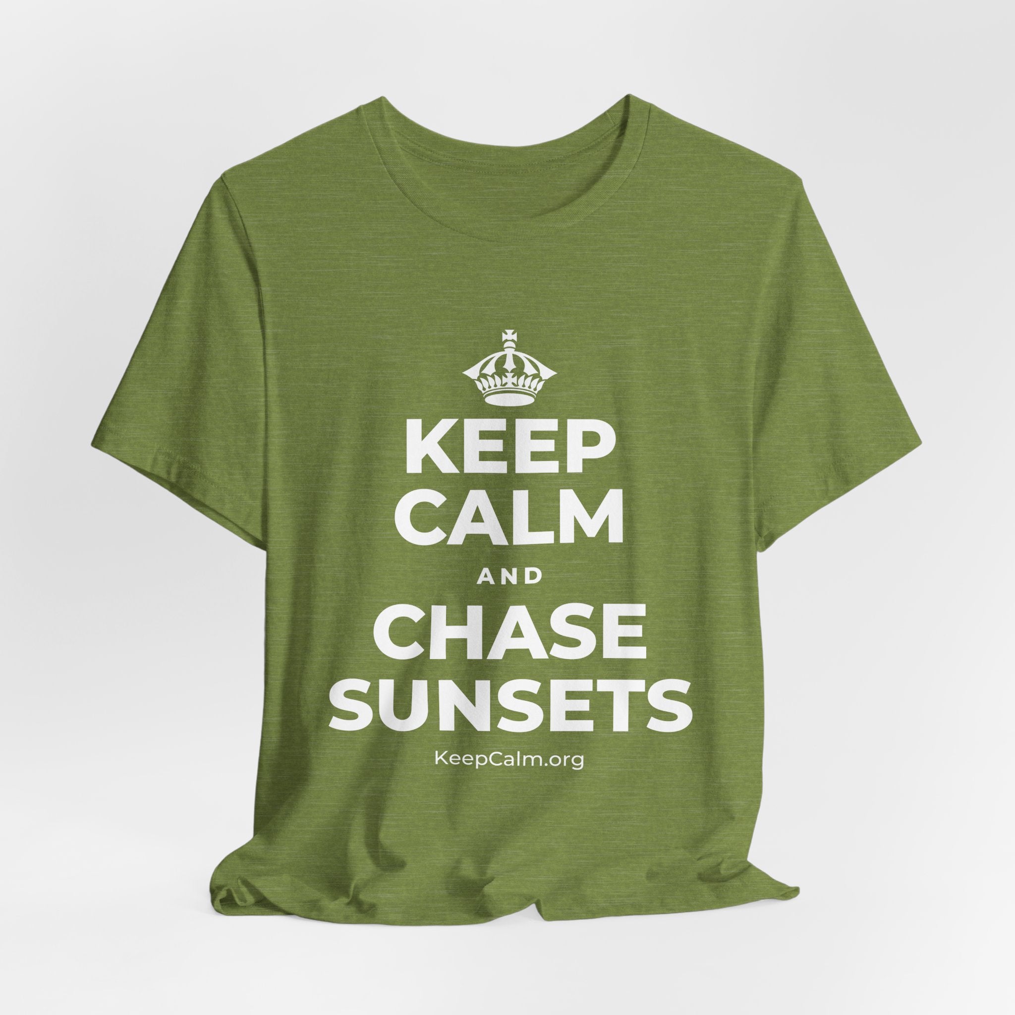KEEP CALM AND CHASE SUNSETS T-Shirt (Baby Blue–Silver)