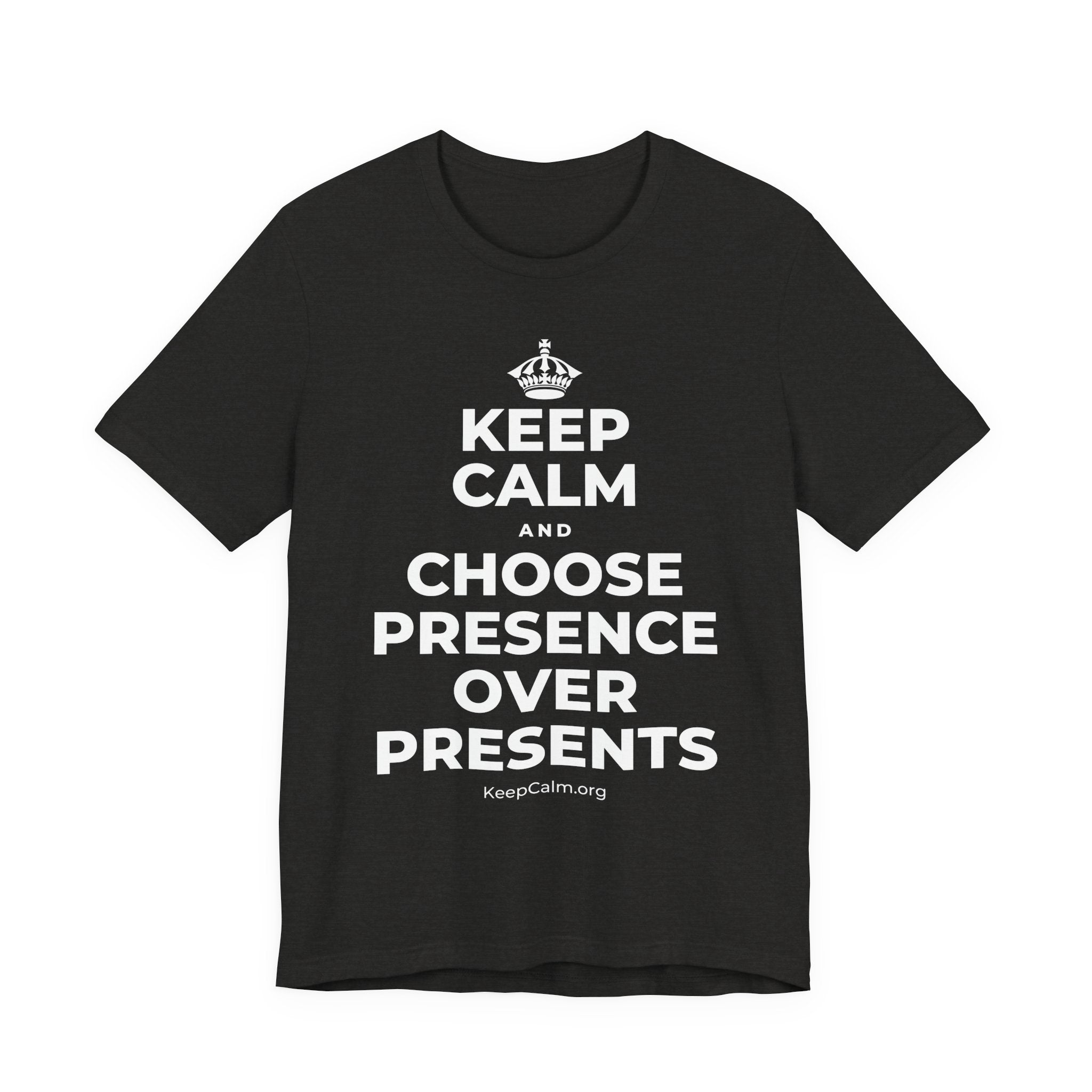 KEEP CALM AND CHOOSE PRESENCE OVER PRESENTS T-Shirt (Soft Cream–Heather Mauve)