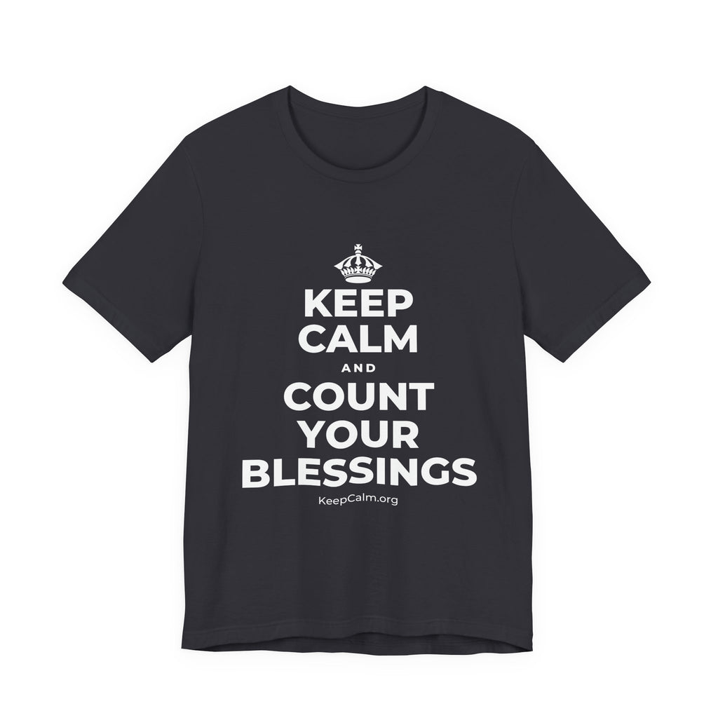 KEEP CALM AND COUNT YOUR BLESSINGS T-Shirt (Baby Blue–Silver)