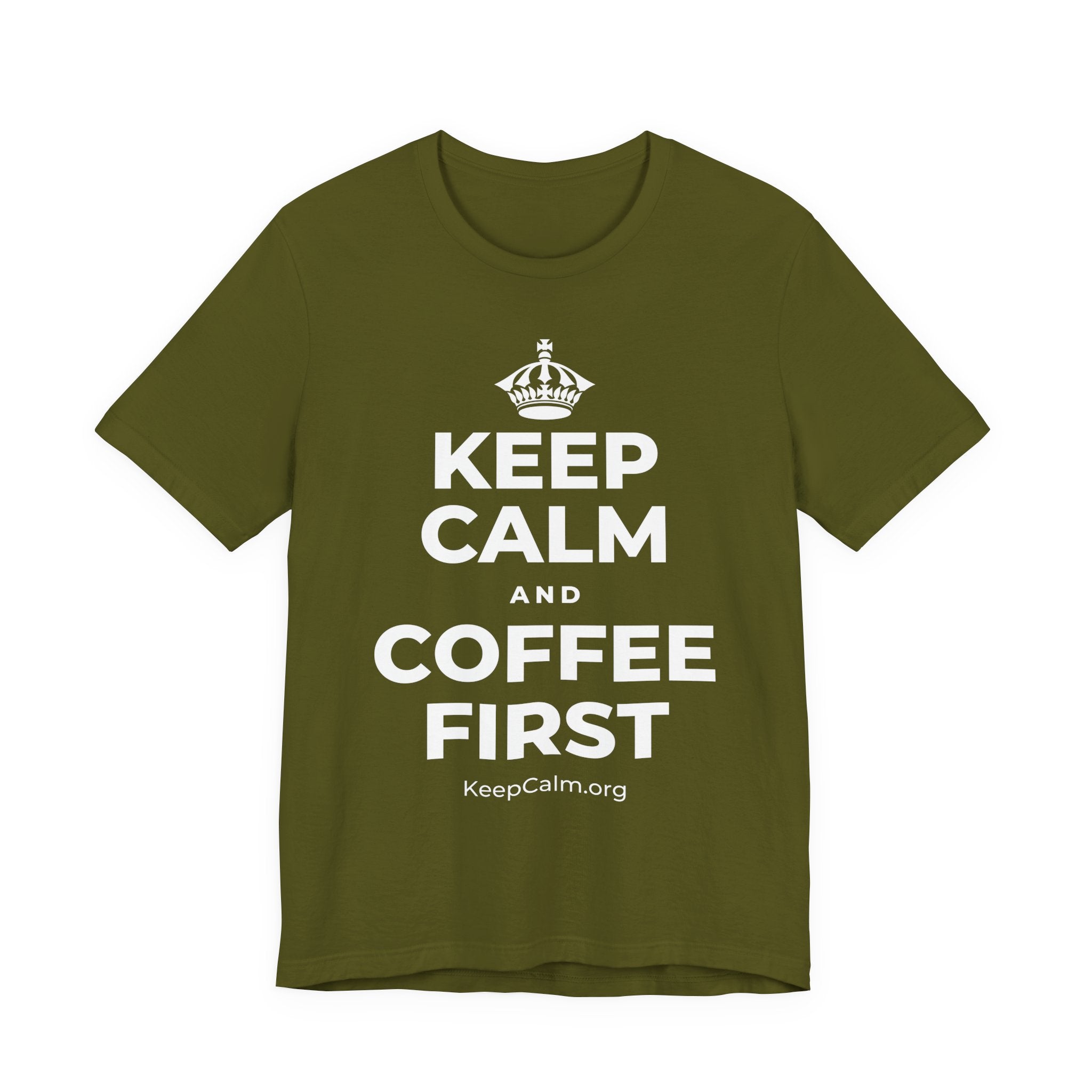 KEEP CALM AND COFFEE FIRST T-Shirt (Baby Blue–Silver)