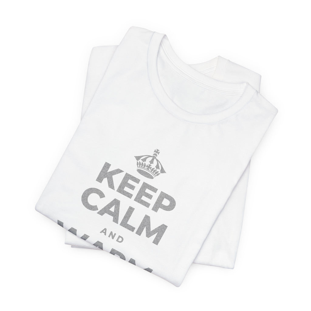 KEEP CALM AND WARM YOUR HANDS T-Shirt (White–Asphalt)