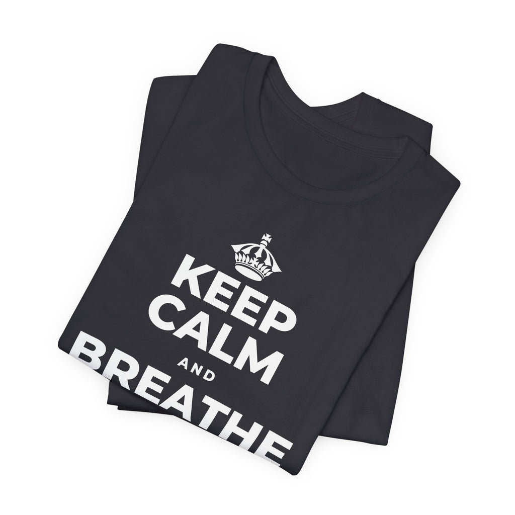 KEEP CALM AND BREATHE BEFORE YOU BEGIN T-Shirt (Baby Blue–Silver)