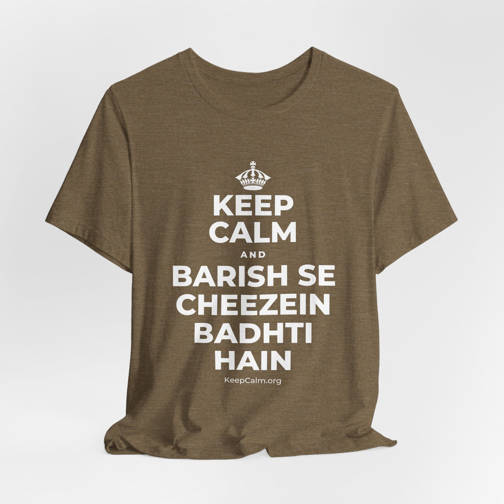 KEEP CALM AND BARISH SE CHEEZEIN BADHTI HAIN T-Shirt (Soft Cream–Heather Mauve)