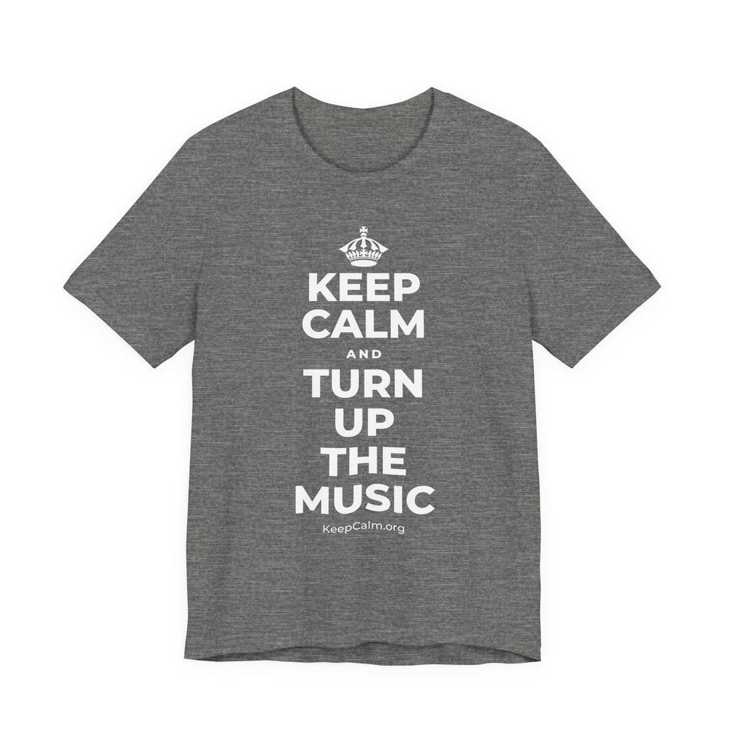 KEEP CALM AND TURN UP THE MUSIC T-Shirt (Baby Blue–Silver)