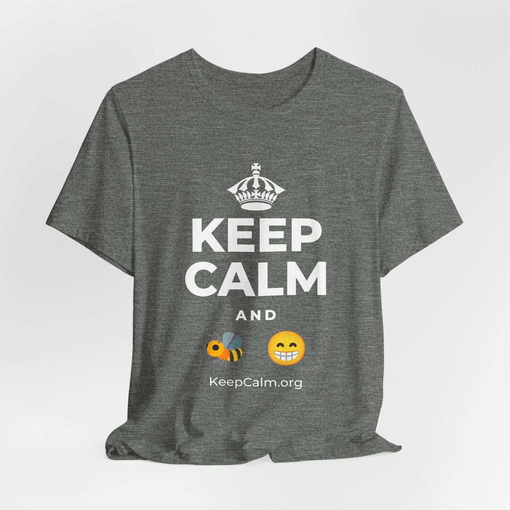 KEEP CALM AND BEE HAPPY T-Shirt (Baby Blue–Silver)