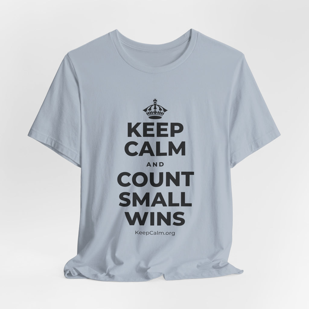 KEEP CALM AND COUNT SMALL WINS T-Shirt (White–Asphalt)