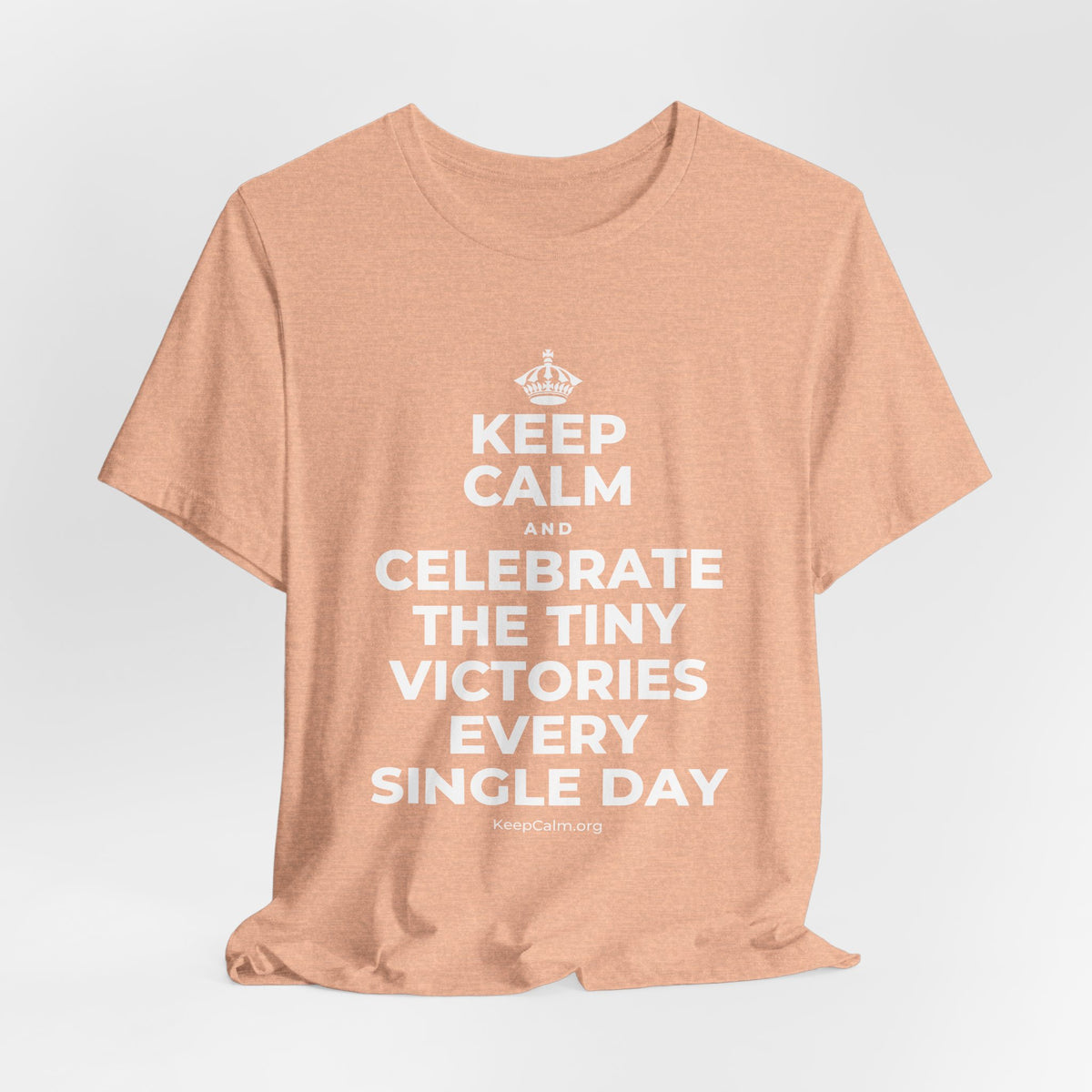 KEEP CALM AND CELEBRATE THE TINY VICTORIES EVERY SINGLE DAY T-Shirt (Soft Cream–Heather Mauve)